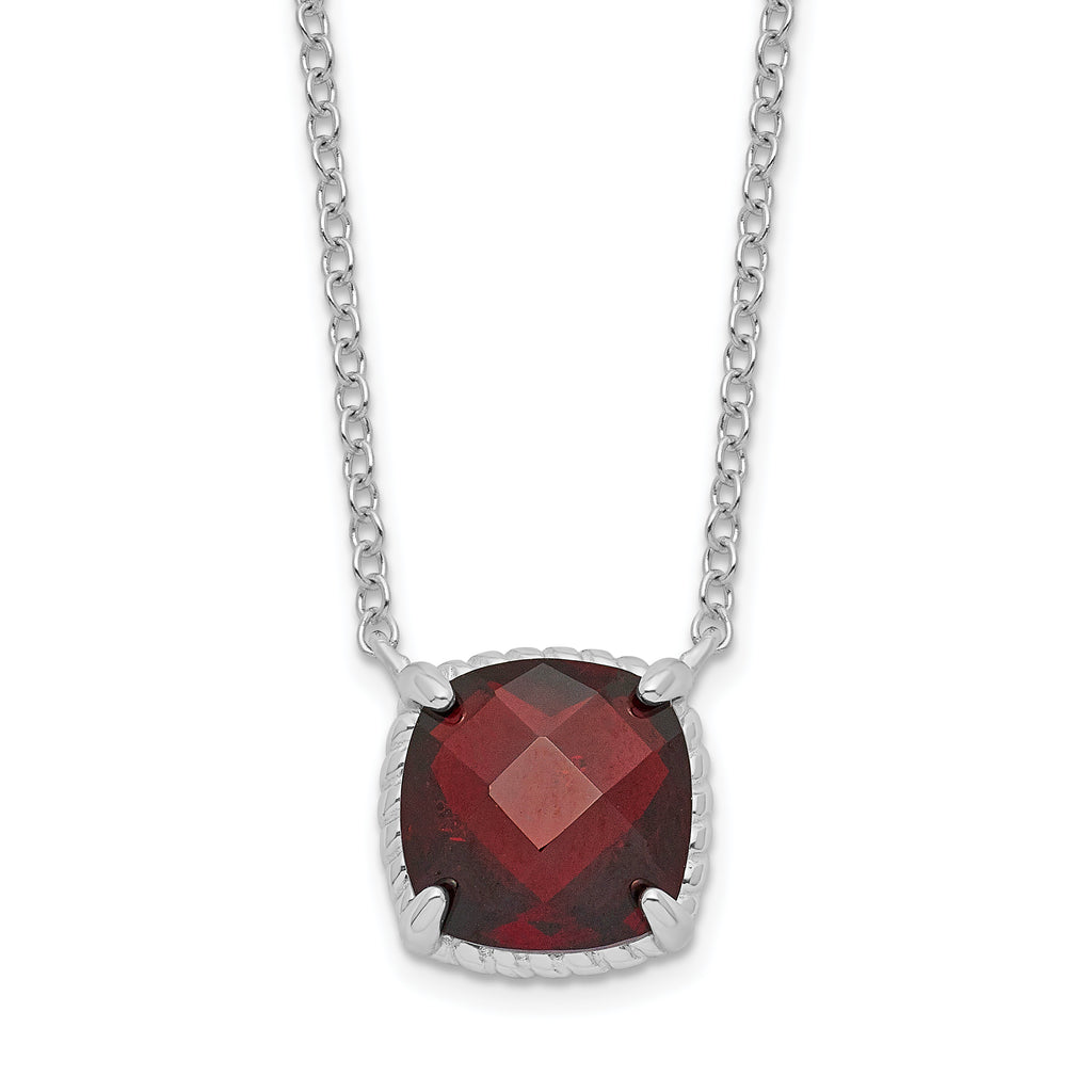 Sterling Silver Rhodium-plated Square Garnet w/2 in ext. Necklace