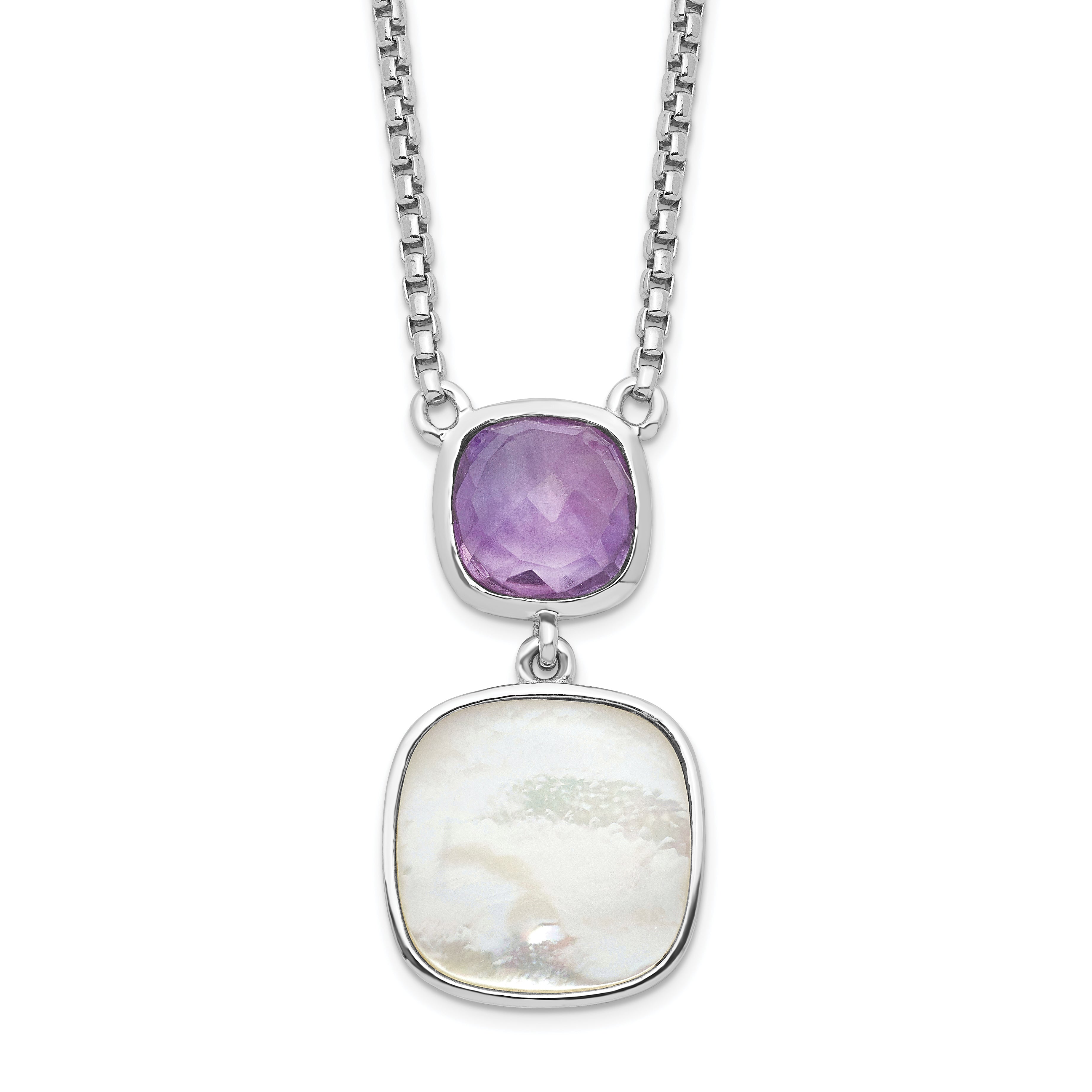 Sterling Silver Rhod-plated 3.68Amethyst/MOP w/2 in ext. Necklace