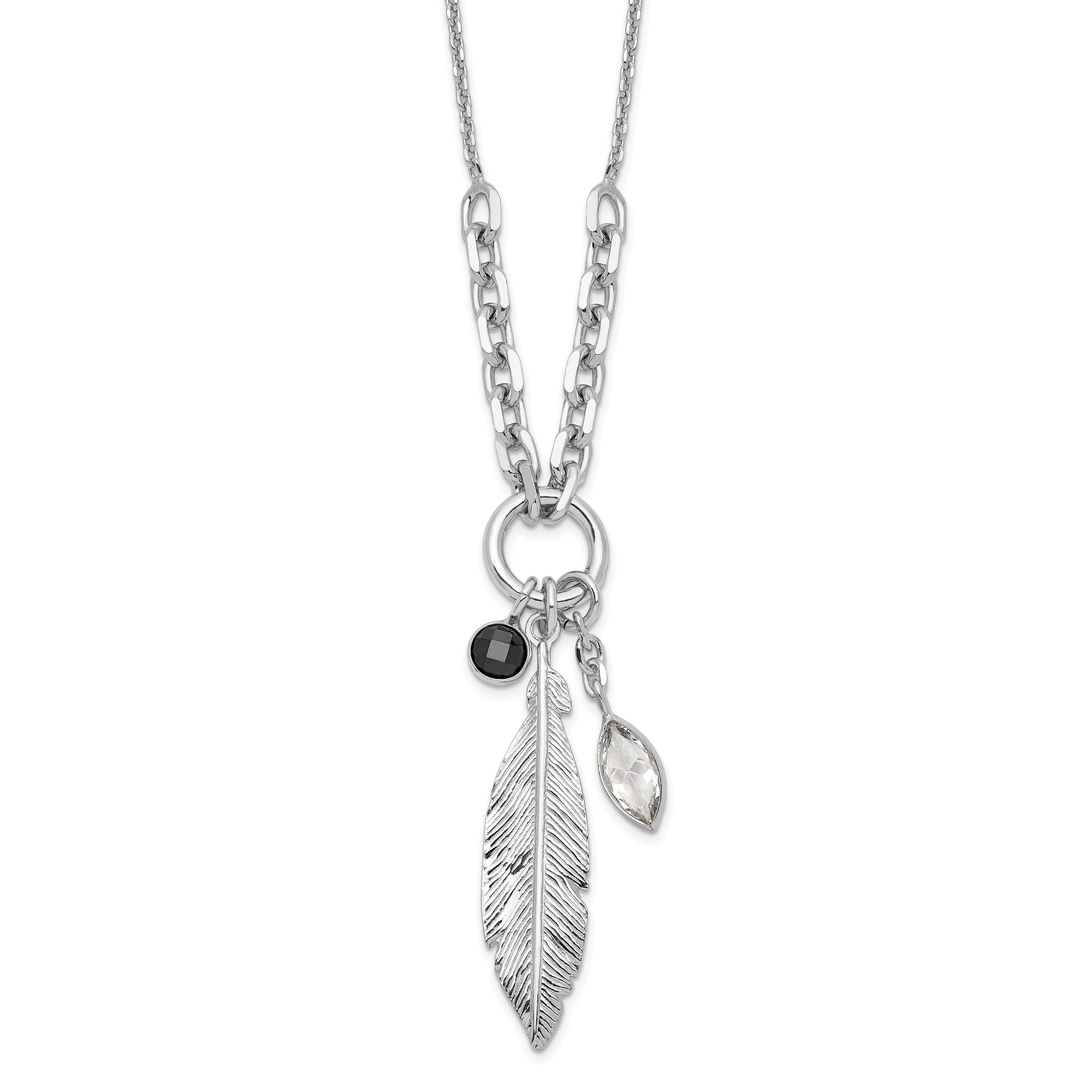 Sterling Silver Rhodium-plated Feather and CZ w/1 in Ext Necklace Main image