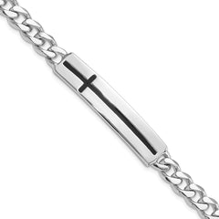 Sterling Silver Rhodium-Rhodium-Plated Enameled Cross on Bar Men's 8in Bracelet
