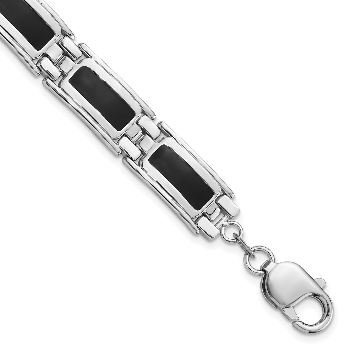 Sterling Silver Rhodium-Rhodium-Plated Black Enamel Link Men's 8in Bracelet