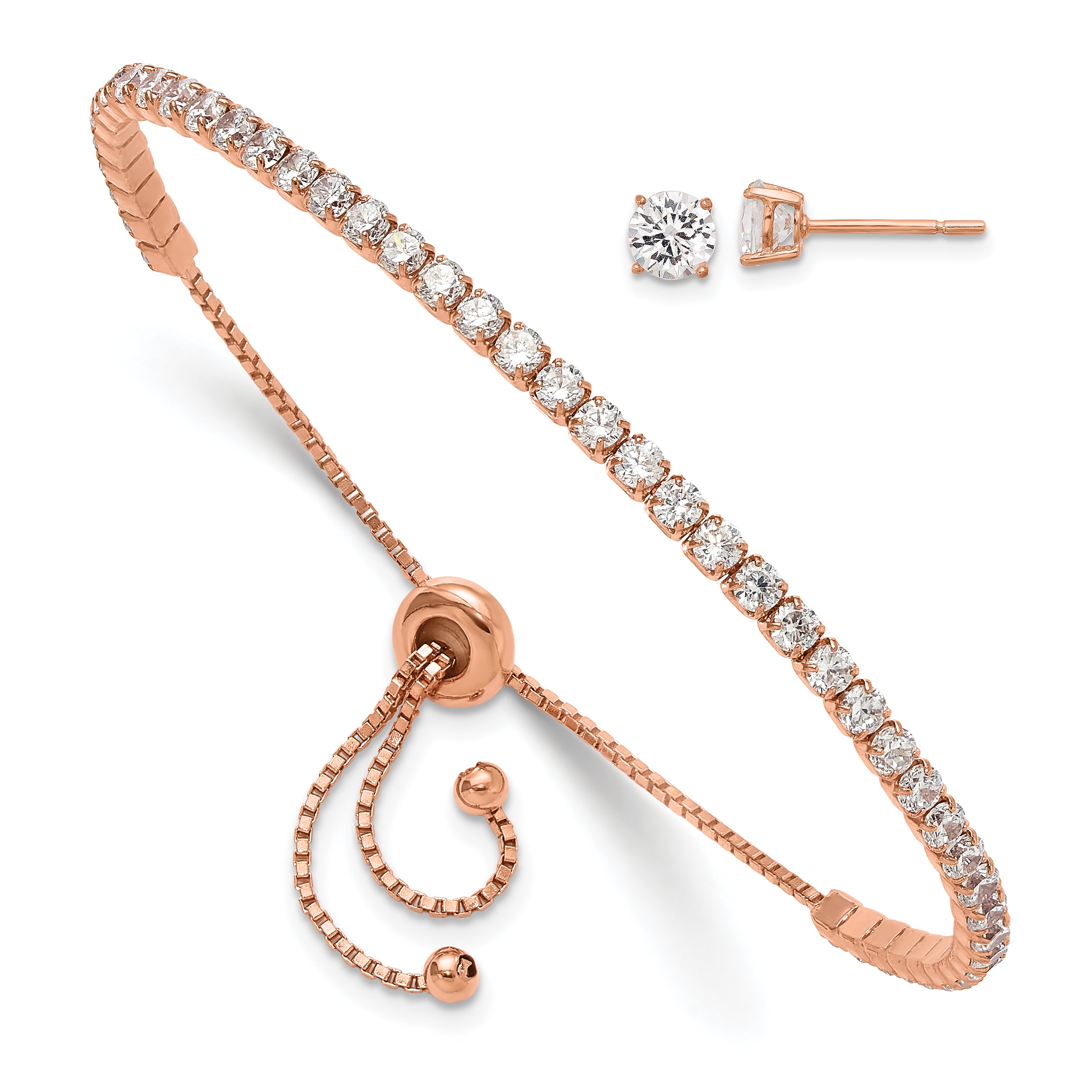 Sterling Silver Rose-tone CZ Adjustable Bracelet and Earring Set Main image
