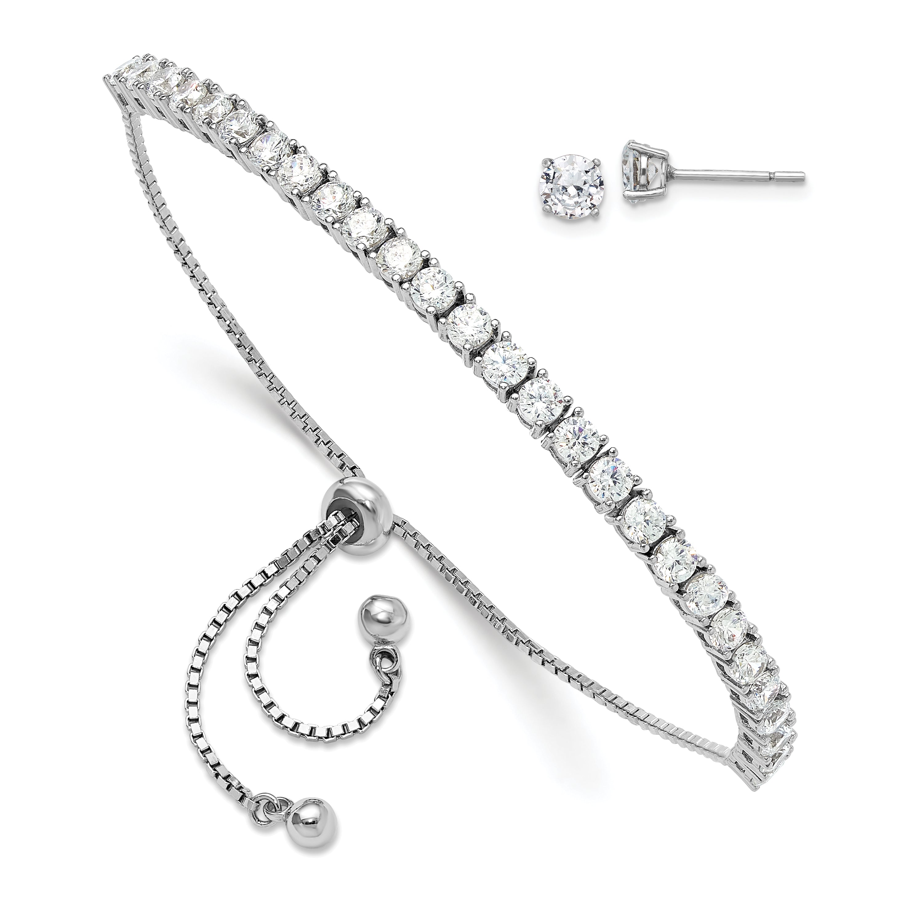 Sterling Silver Rhodium-plated CZ Adjustable Bracelet and Post Earring Set Main image
