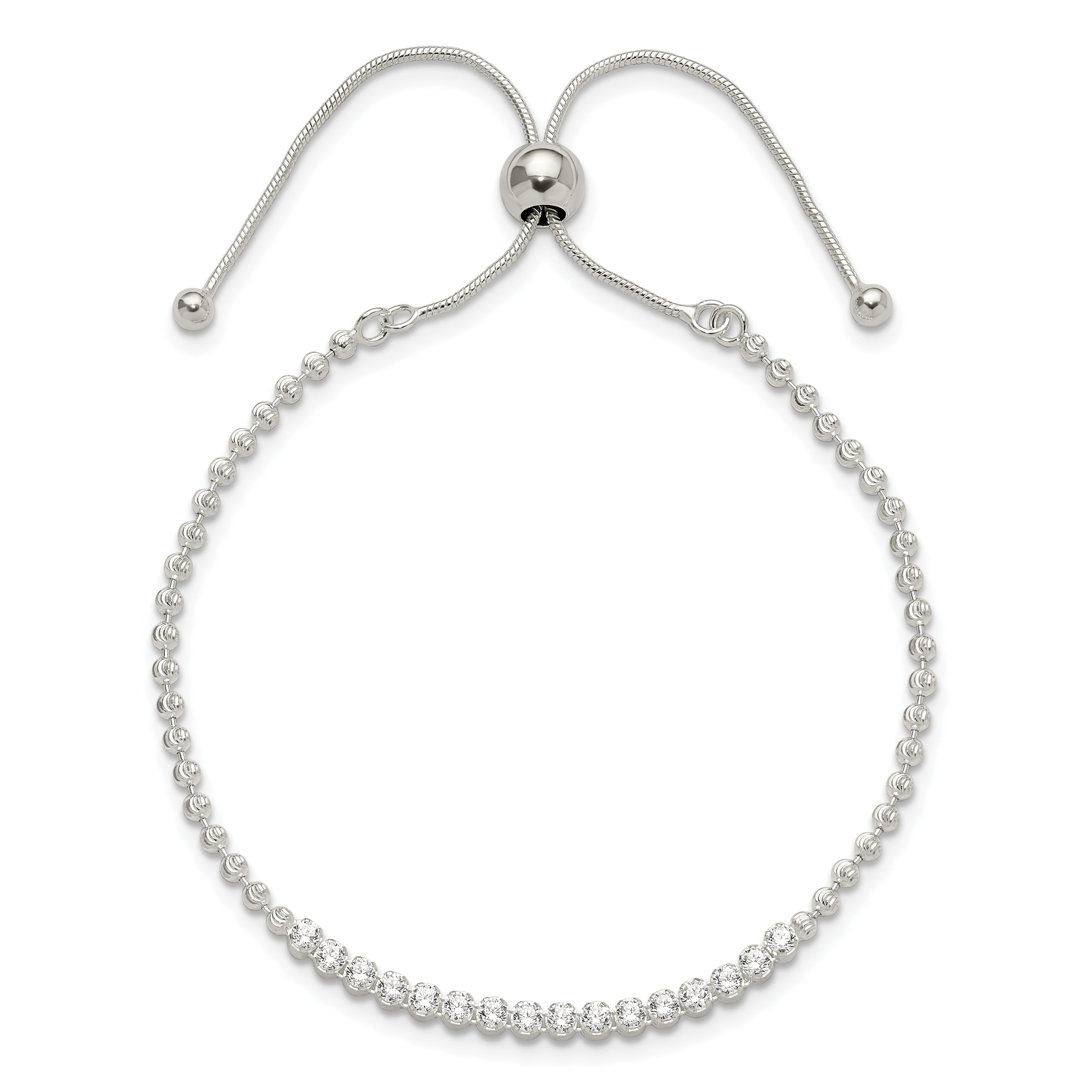 Sterling Silver Polished D/C with CZ Adjustable Bracelet