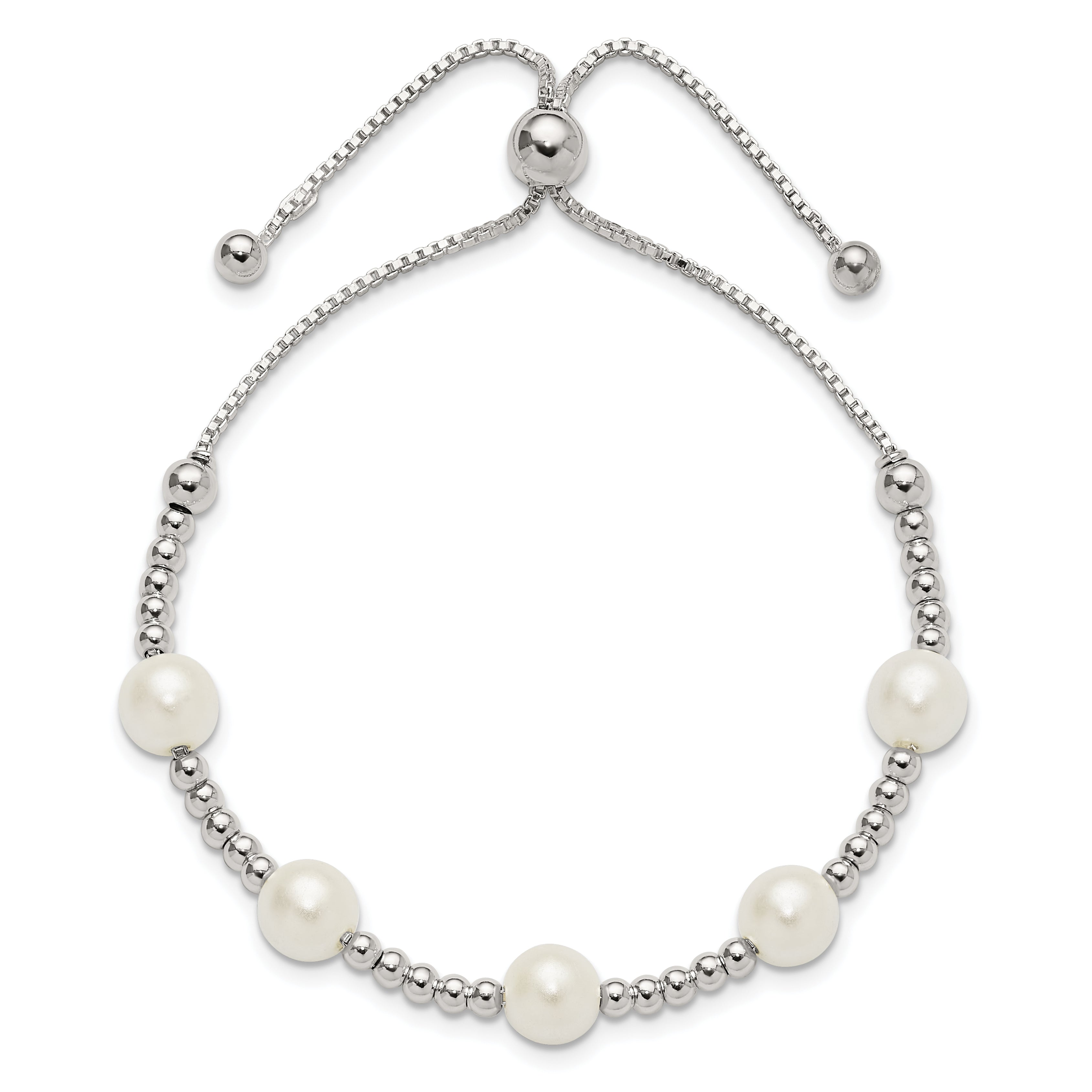 Sterling Silver Polished Beaded and Synthetic Pearl Adjustable Bracelet Secondary image