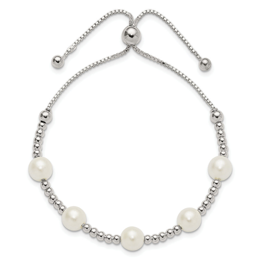 Sterling Silver Polished Beaded and Synthetic Pearl Adjustable Bracelet