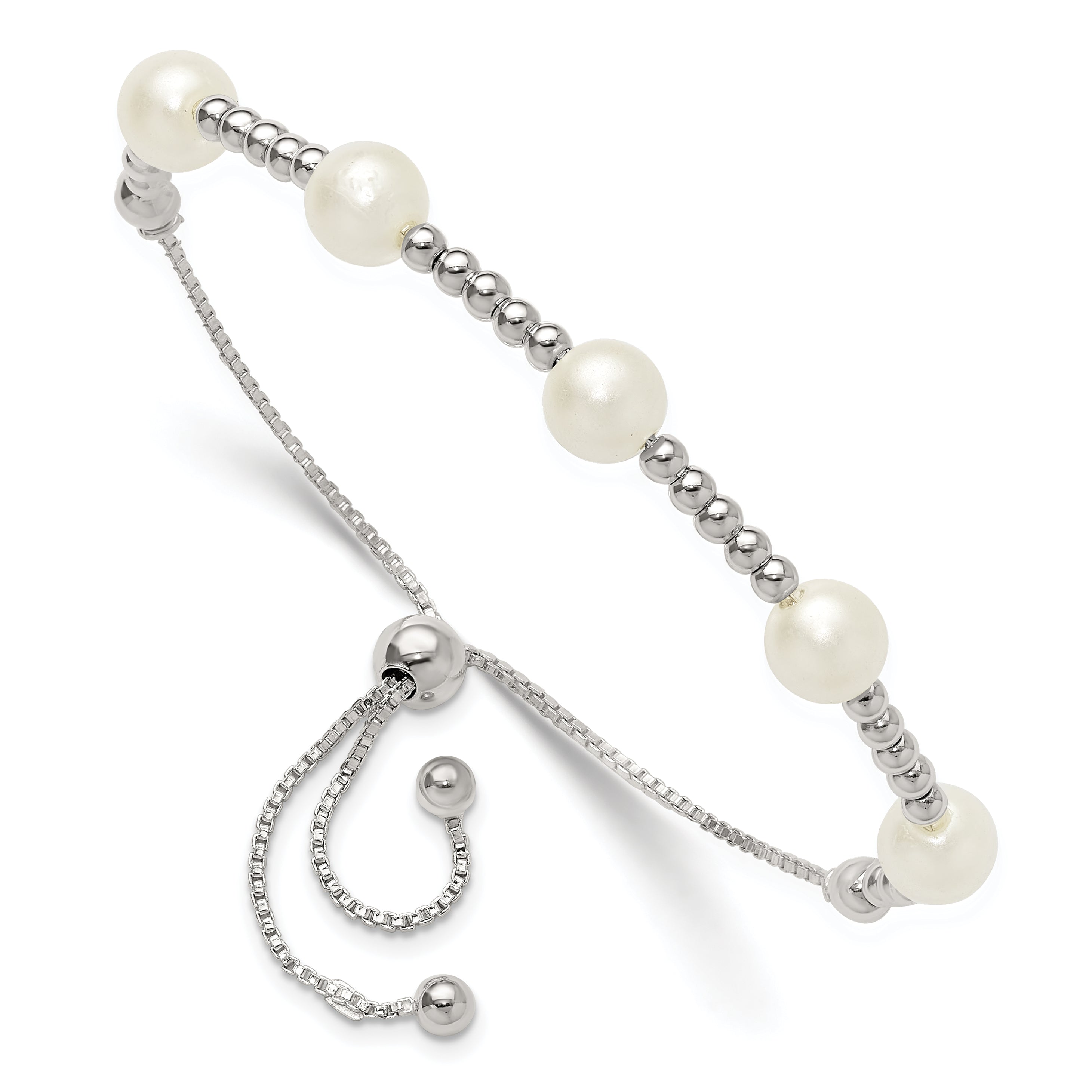 Sterling Silver Polished Beaded and Synthetic Pearl Adjustable Bracelet Main image