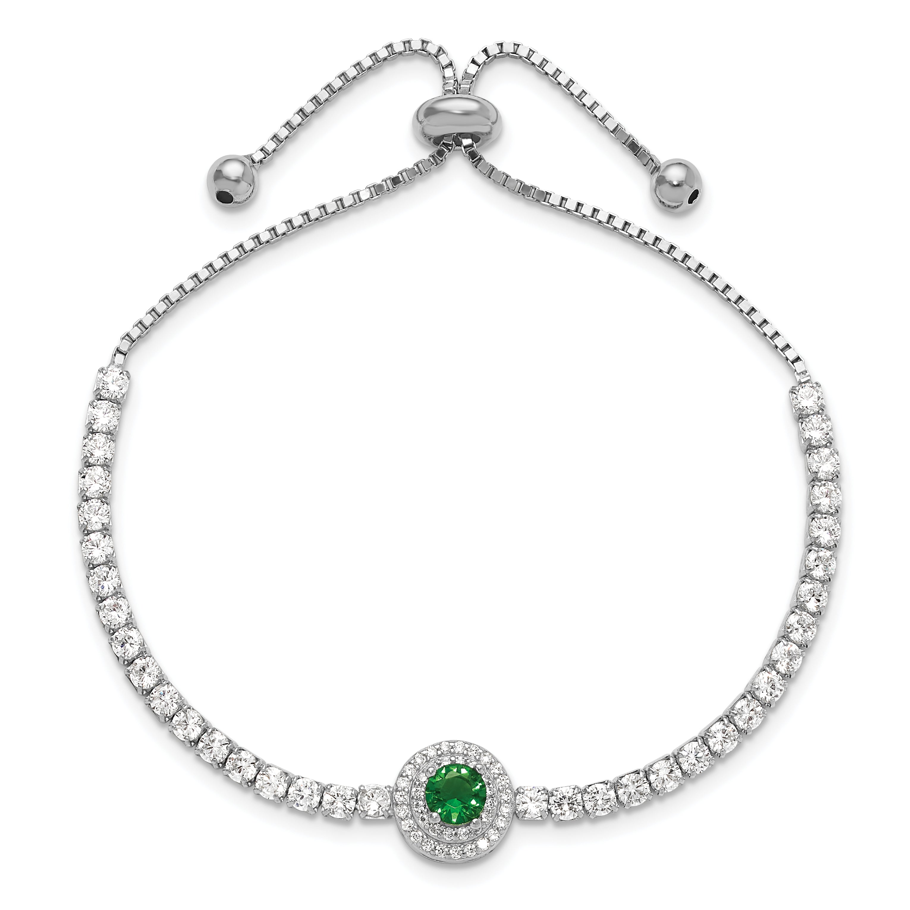 Sterling Silver Rhodium-plated CZ and Green Glass Adjustable Bracelet