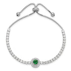 Sterling Silver Rhodium-plated CZ and Green Glass Adjustable Bracelet