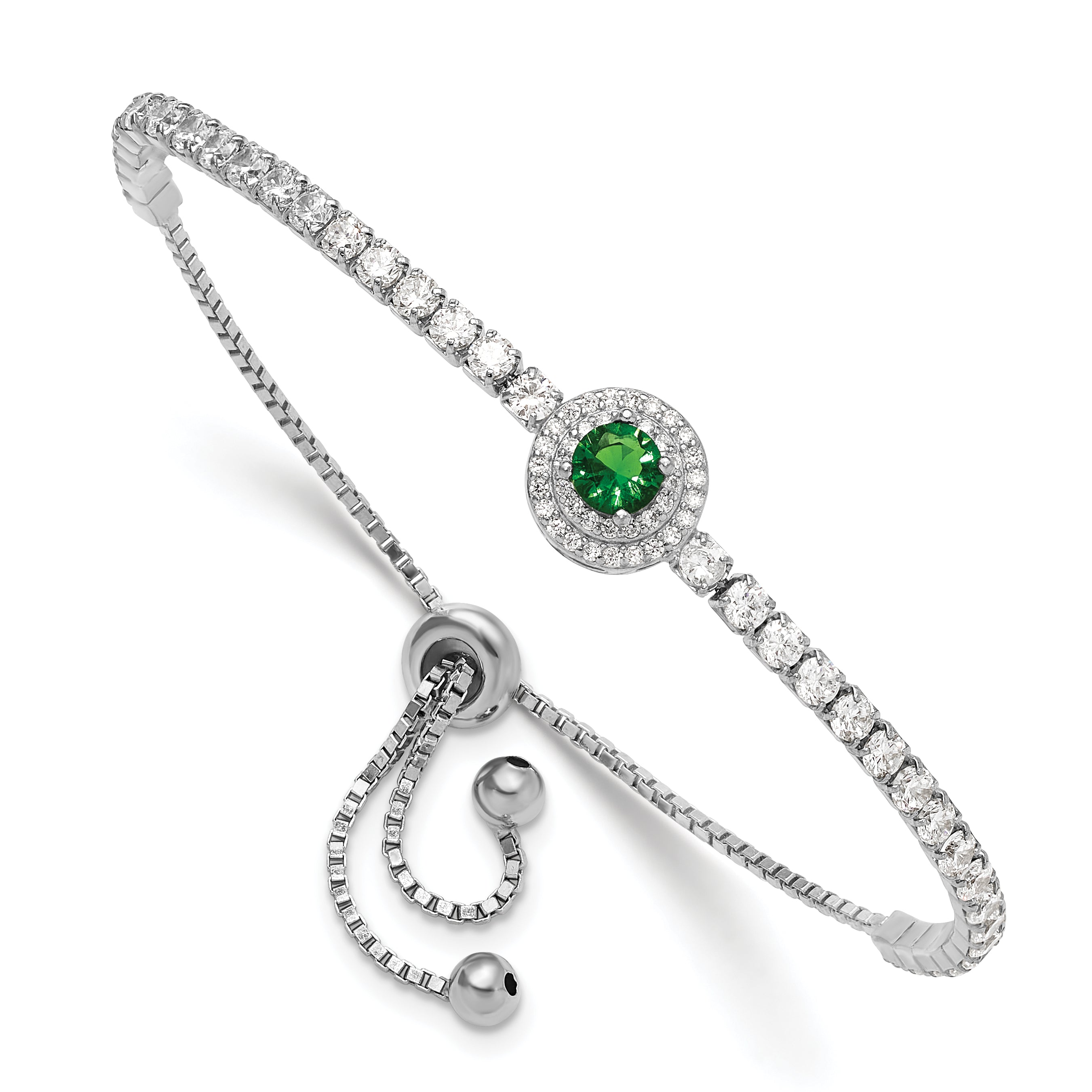 Sterling Silver Rhodium-plated CZ and Green Glass Adjustable Bracelet Main image