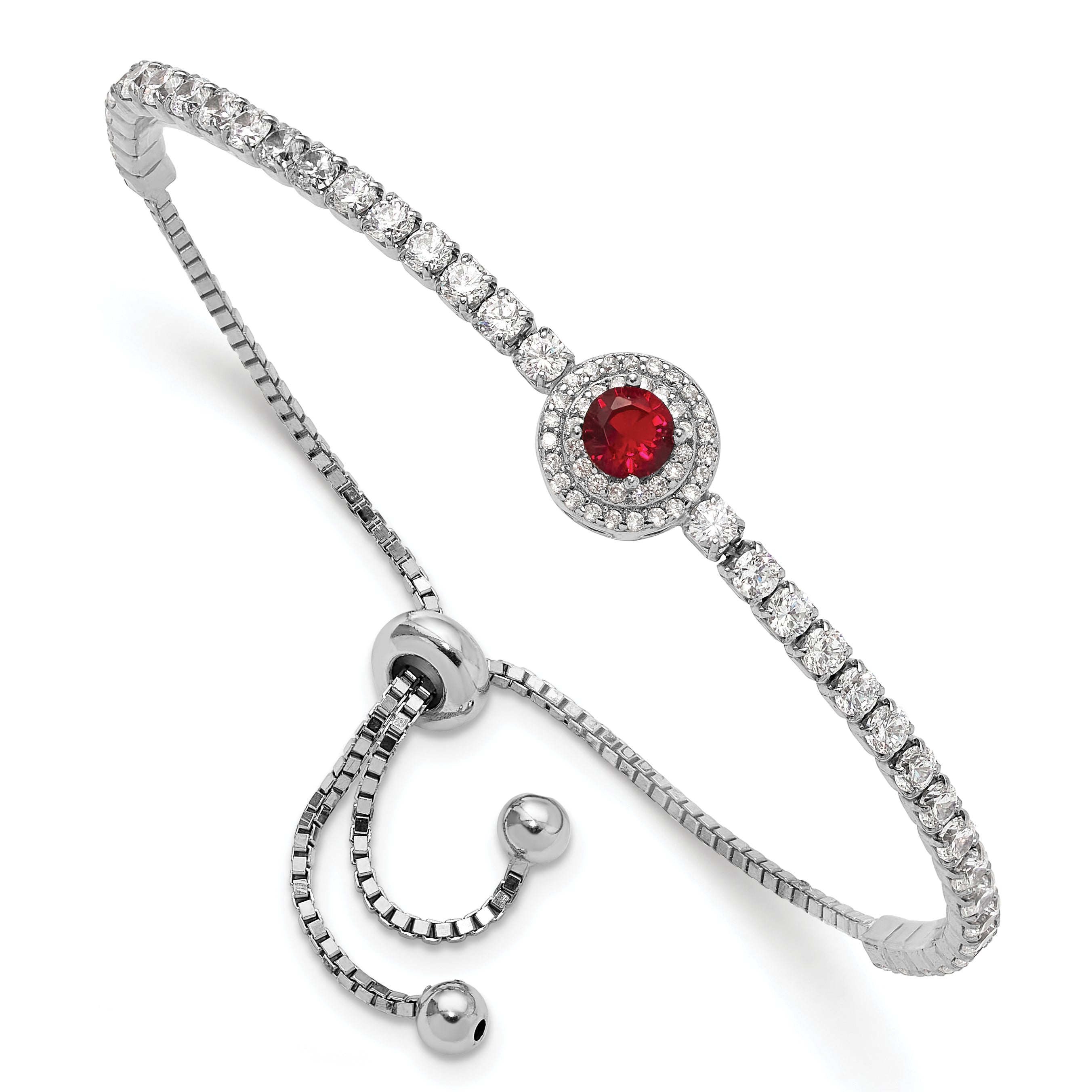 Sterling Silver Rhodium-plated CZ and Red Glass Adjustable Bracelet Main image