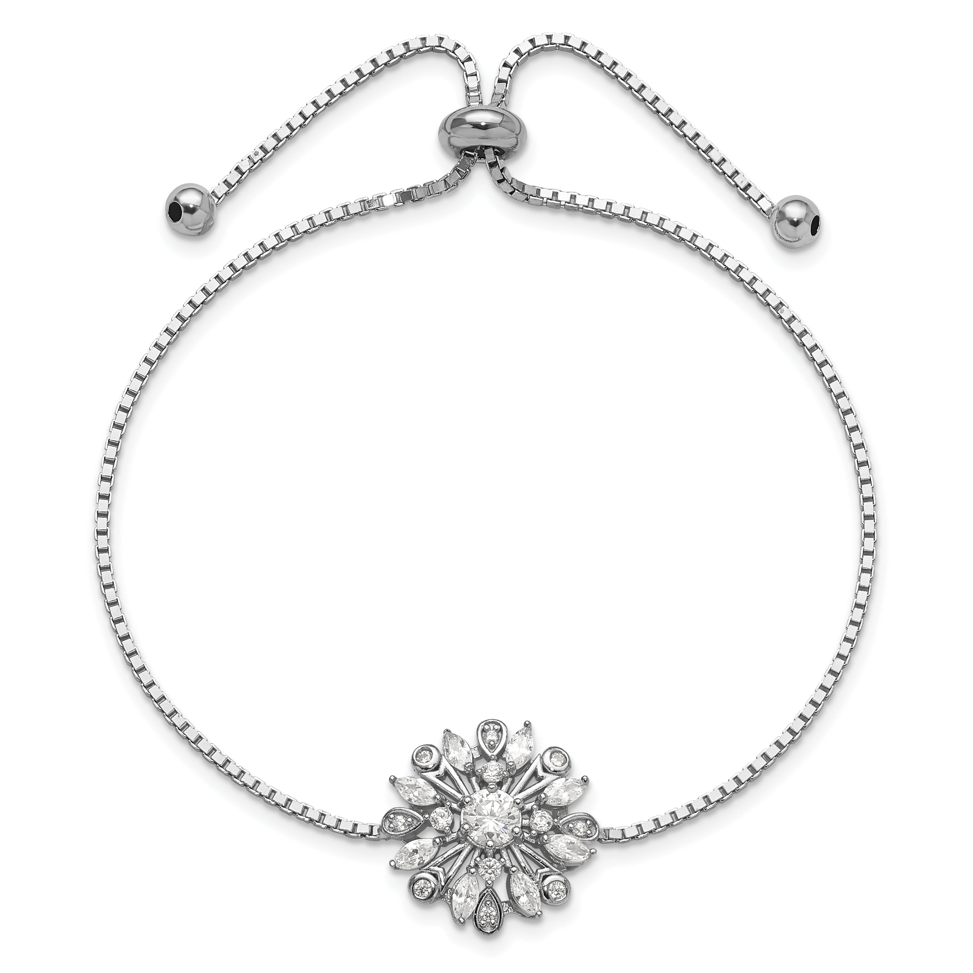 Sterling Silver Rhodium-plated Floral CZ Adjustable Bolo Bracelet