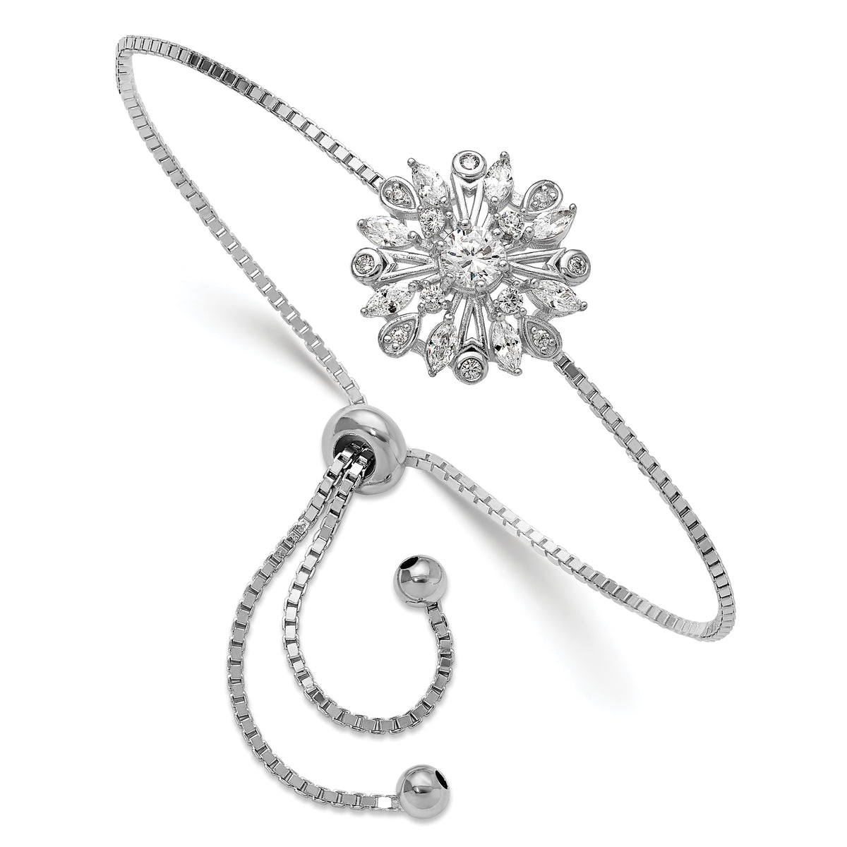 Sterling Silver Rhodium-plated Floral CZ Adjustable Bolo Bracelet