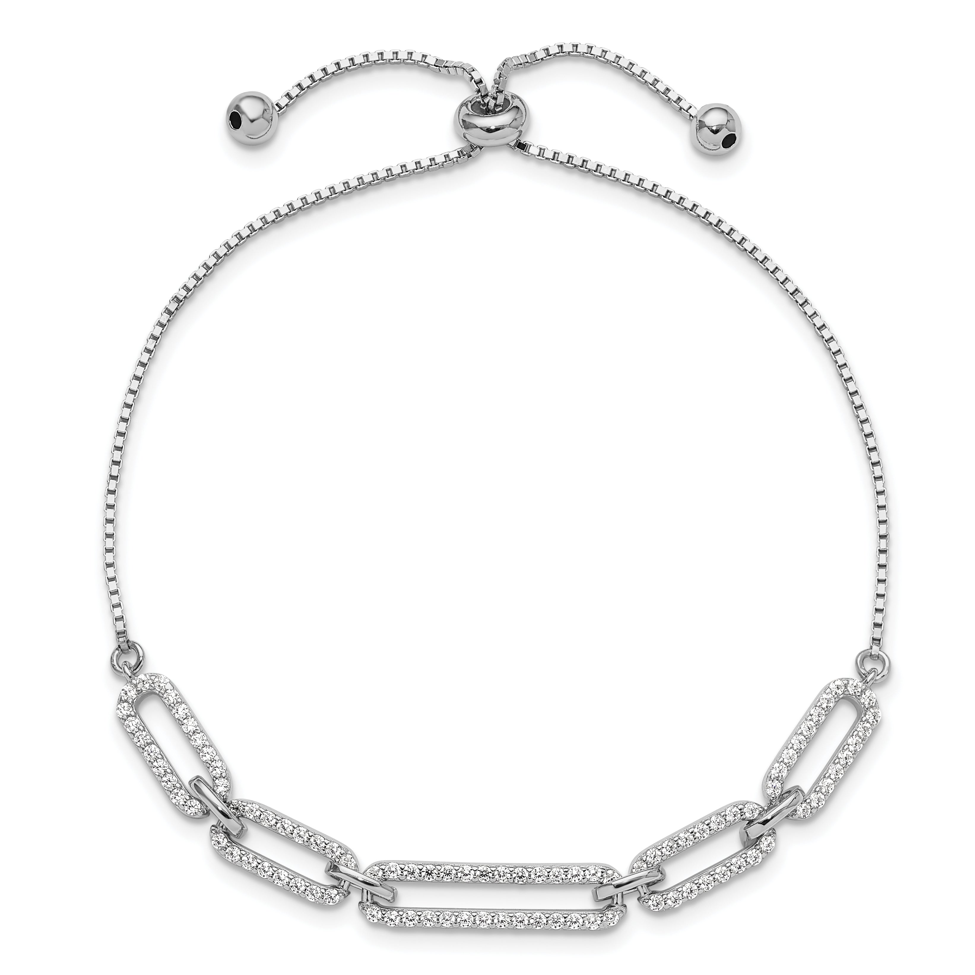 Sterling Silver Rhod-plated Paperclip Link CZ Adjustable Bracelet Secondary image