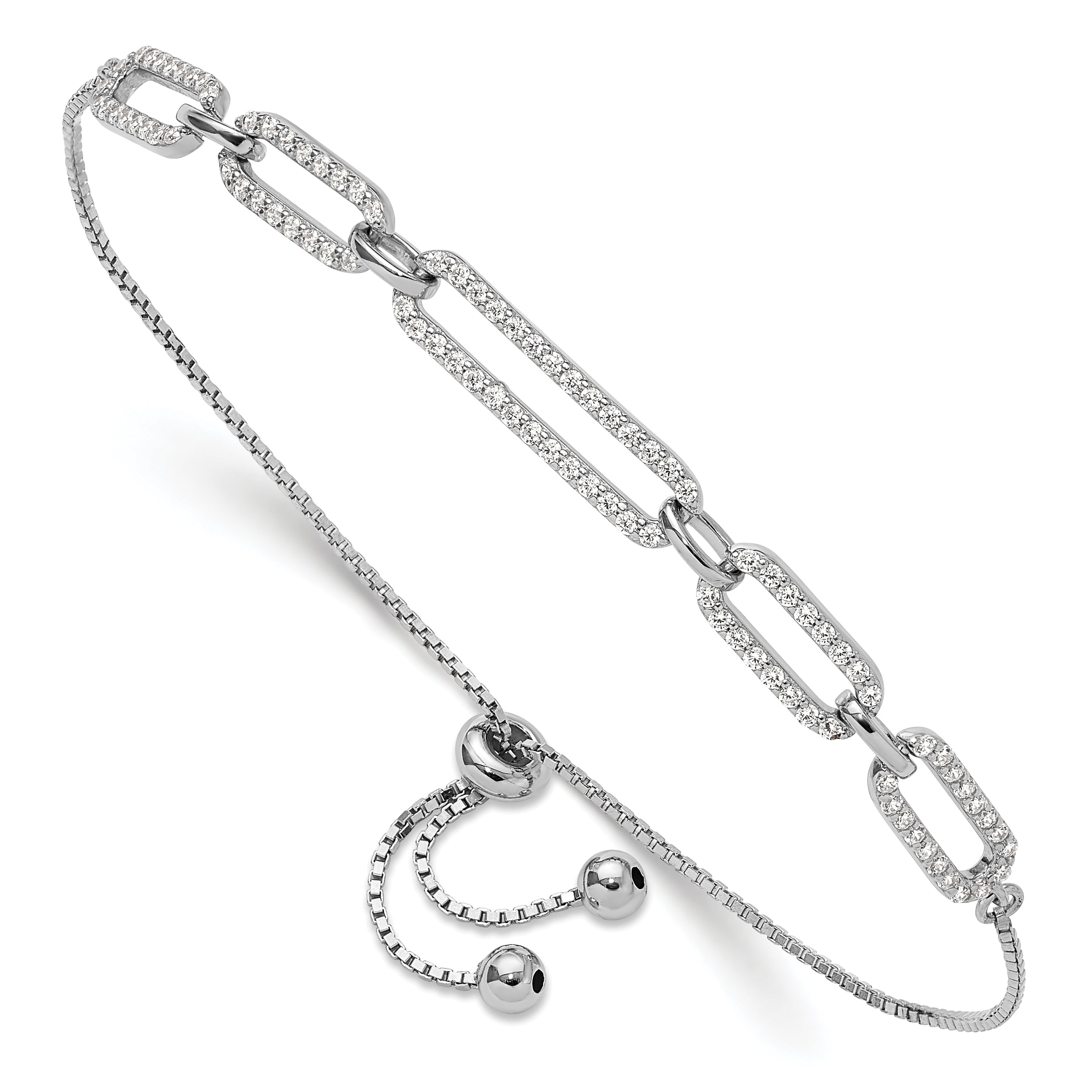 Sterling Silver Rhod-plated Paperclip Link CZ Adjustable Bracelet
