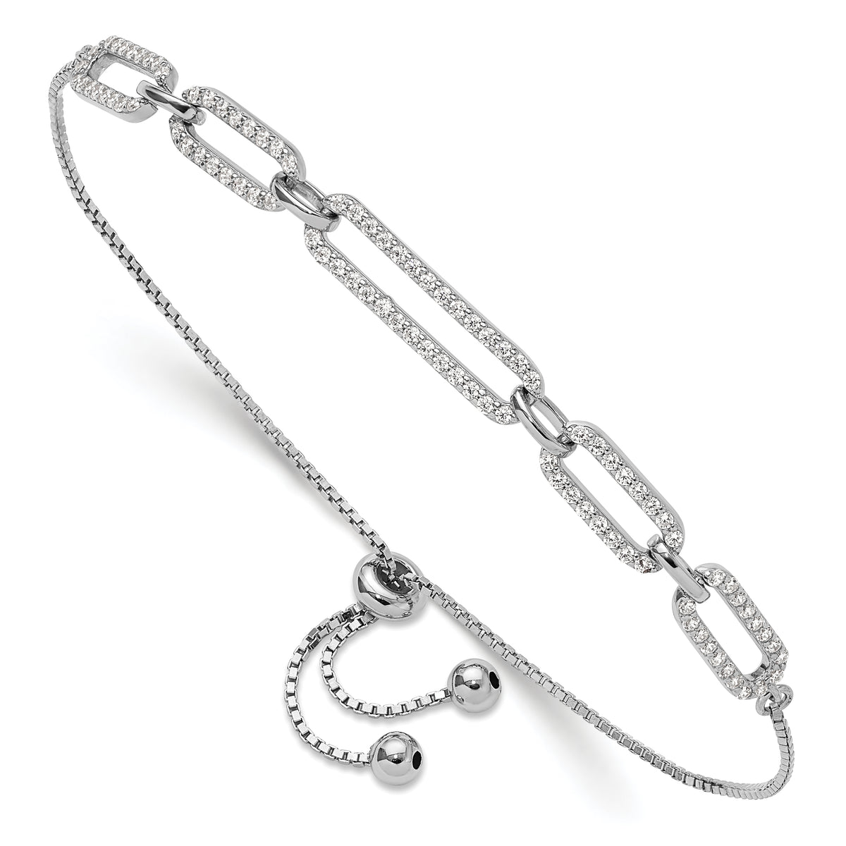 Sterling Silver Rhod-plated Paperclip Link CZ Adjustable Bracelet