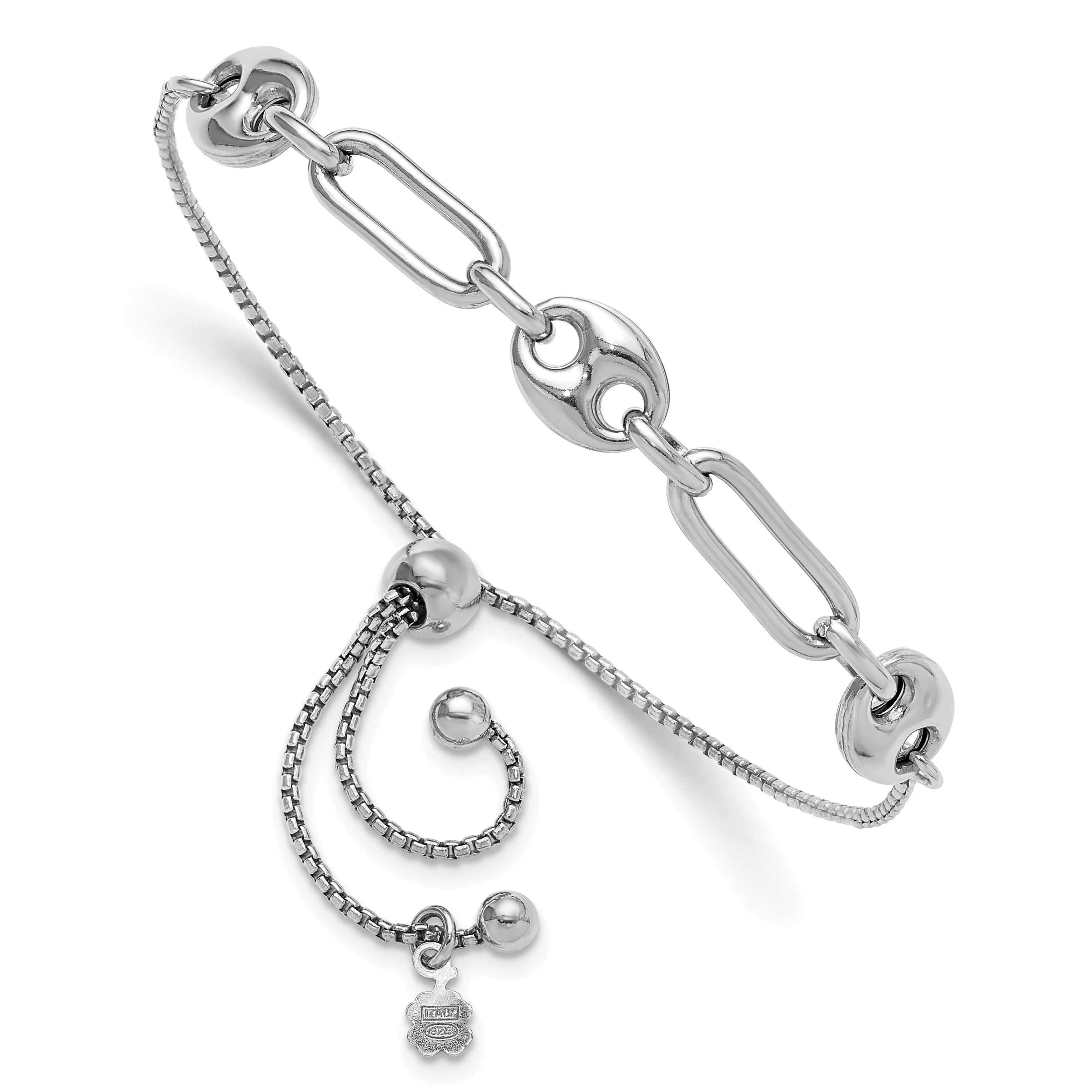 Sterling Silver Rhodium-plated Fancy Link Adjustable Bolo Bracelet