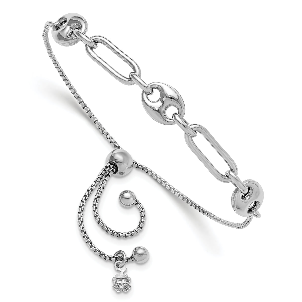 Sterling Silver Rhodium-plated Fancy Link Adjustable Bolo Bracelet