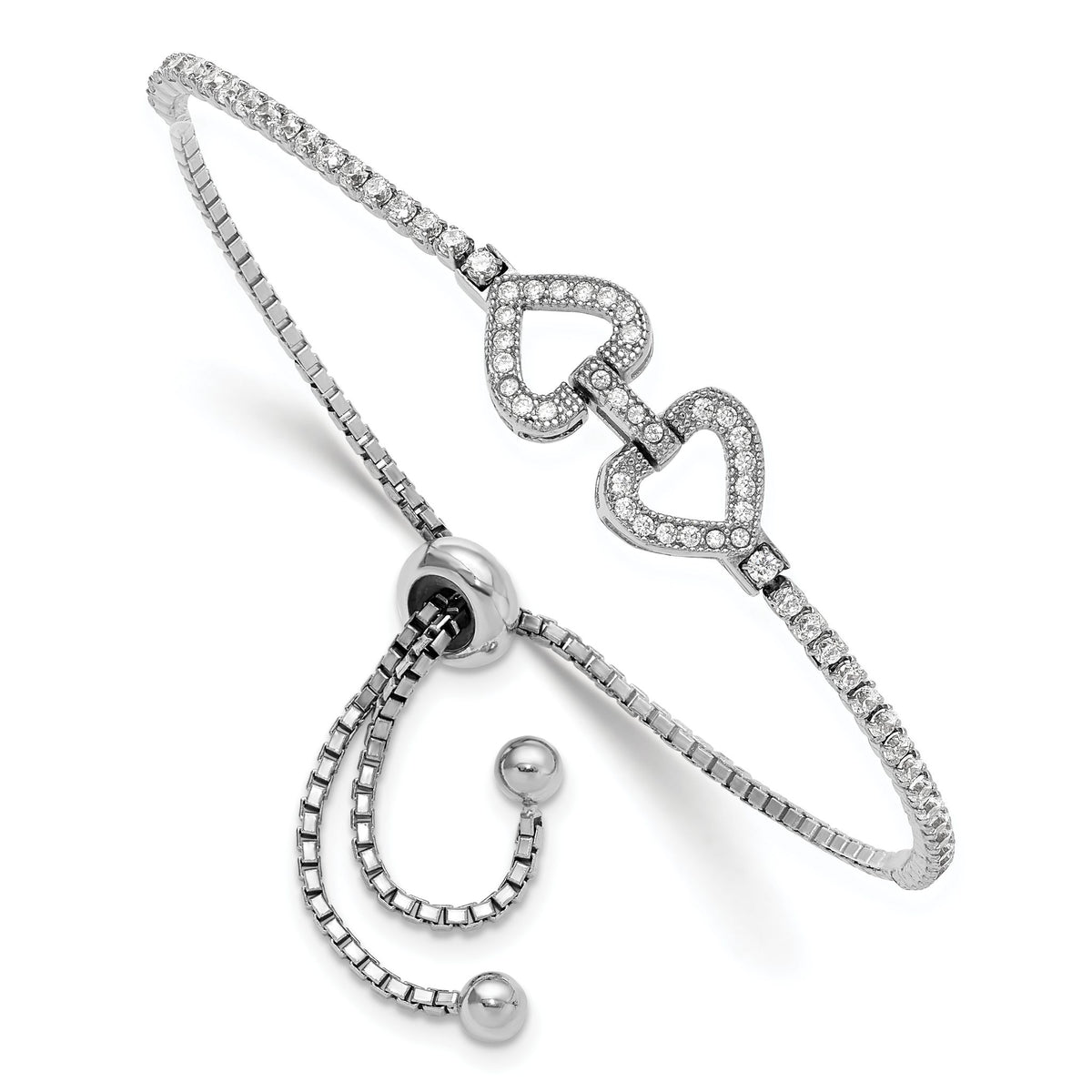 Cubic Zirconia Linked Hearts Bolo Bracelet in Sterling Silver, 9.95mm Adjustable - Sophia Jewelers Main image