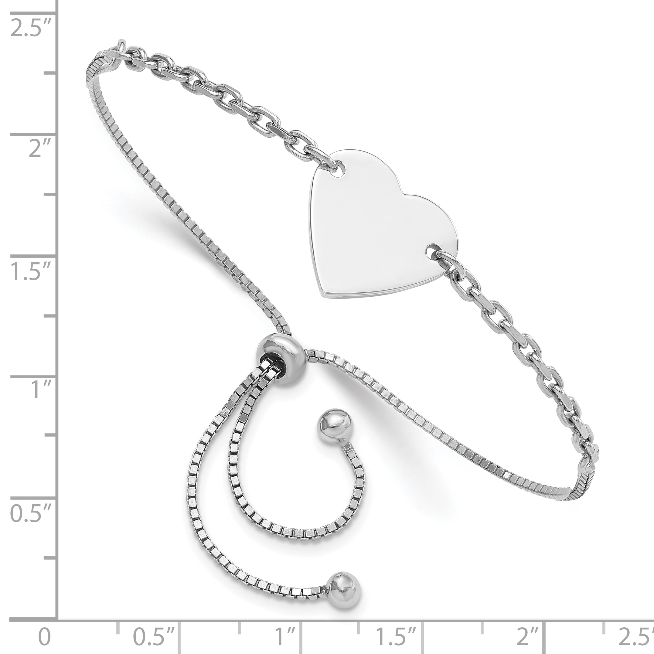 Sterling Silver Rhodium-plated Polished Heart Disc Adjustable Bracelet
