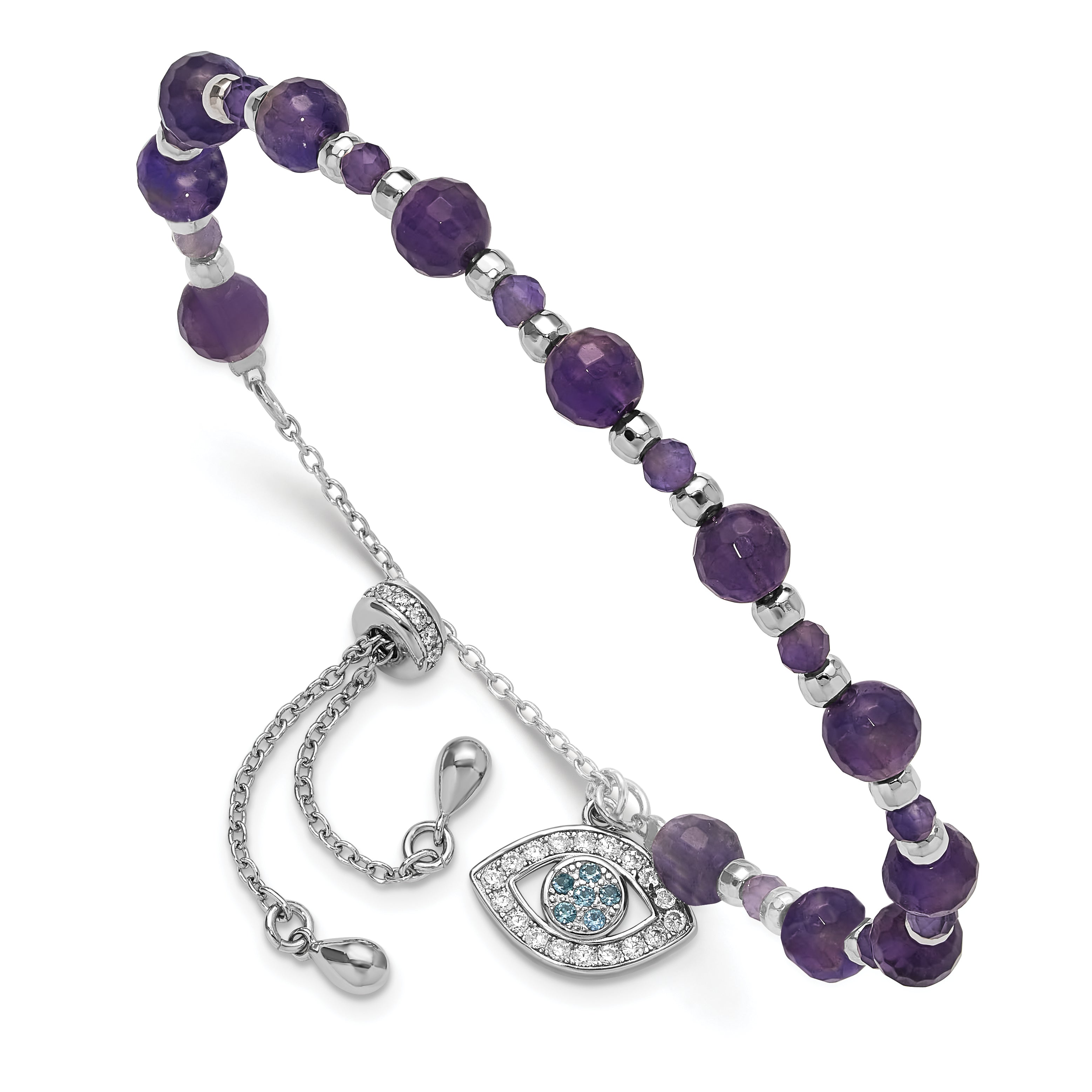 SS Rh-plated Amethyst and CZ and Blue Glass Adjustable Bracelet Main image