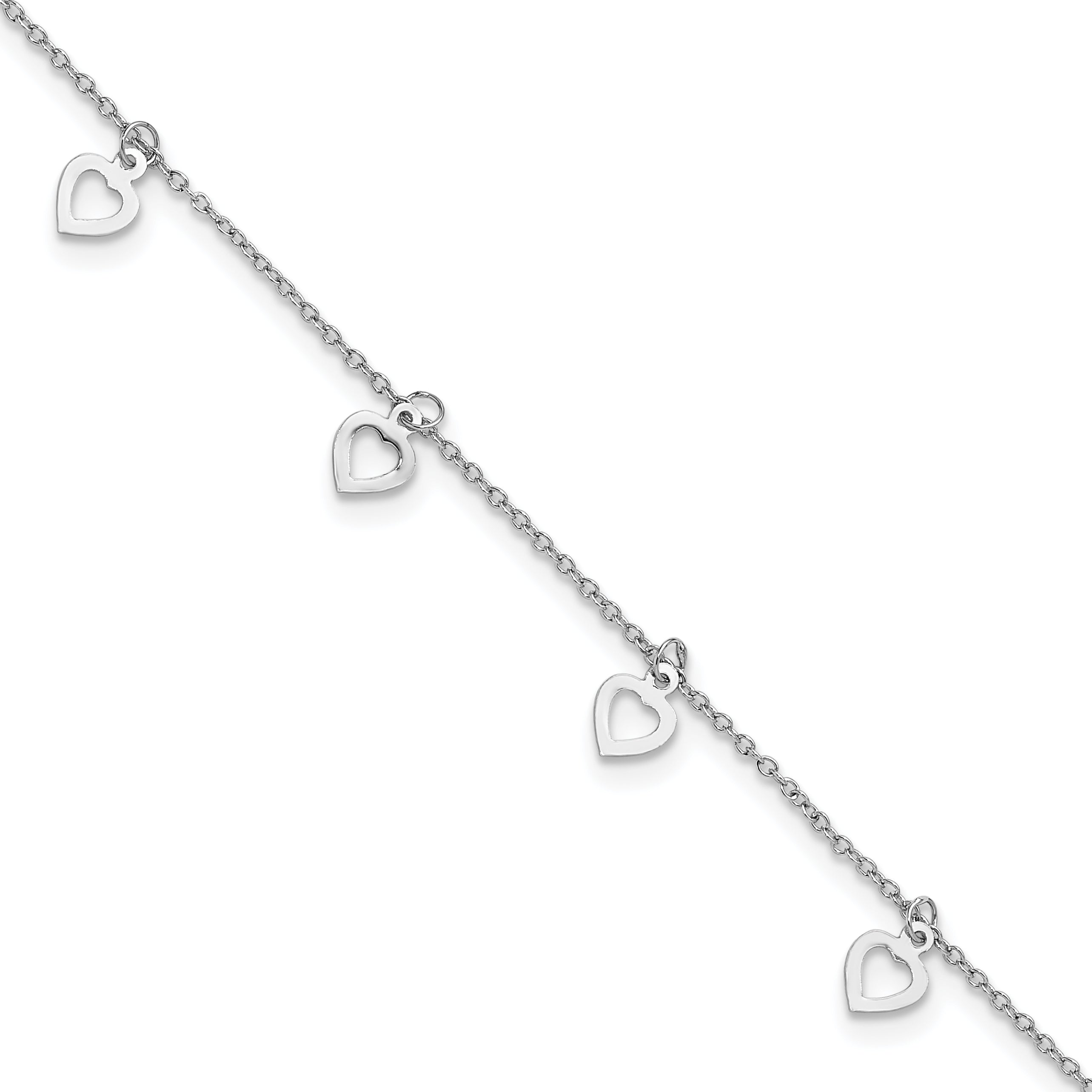 Sterling Silver Rhodium-Rhodium-Plated Polished Heart 9.5in Plus 1in ext. Anklet