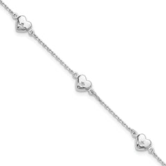 Sterling Silver Rhodium-Rhodium-Plated Hearts 9in Plus 1in ext Anklet