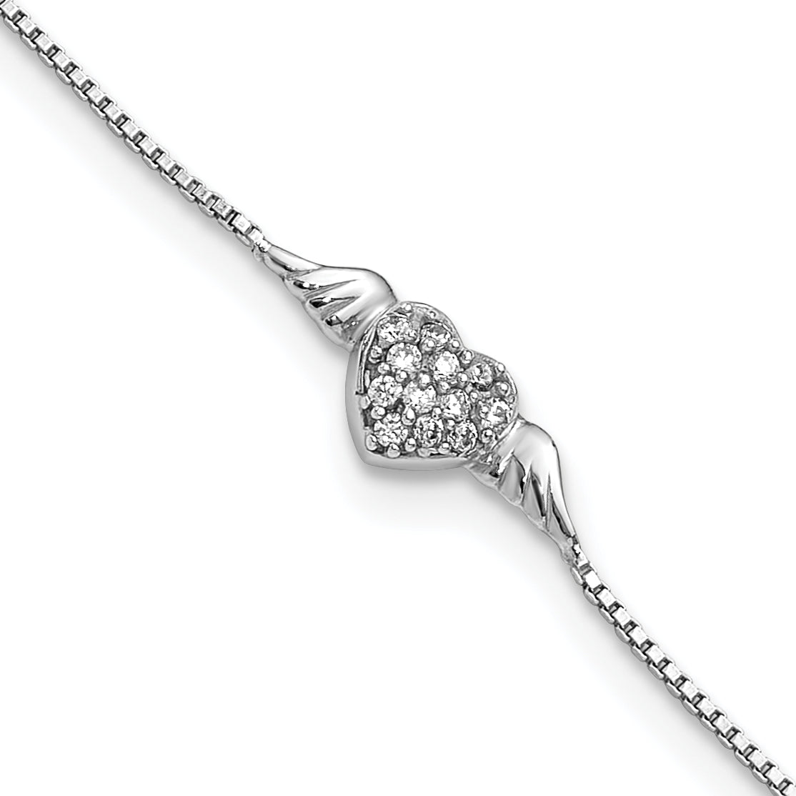 Sterling Silver Rhodium-Rhodium-Plated CZ Heart w/Wings 9in Plus 1in ext Anklet