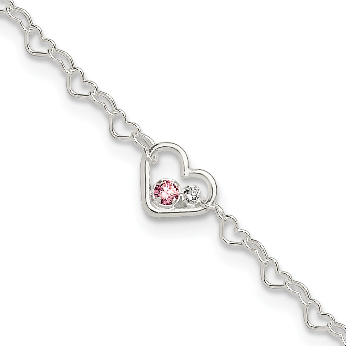 Sterling Silver Polished CZ Heart Link 9in Plus 1in ext. Anklet