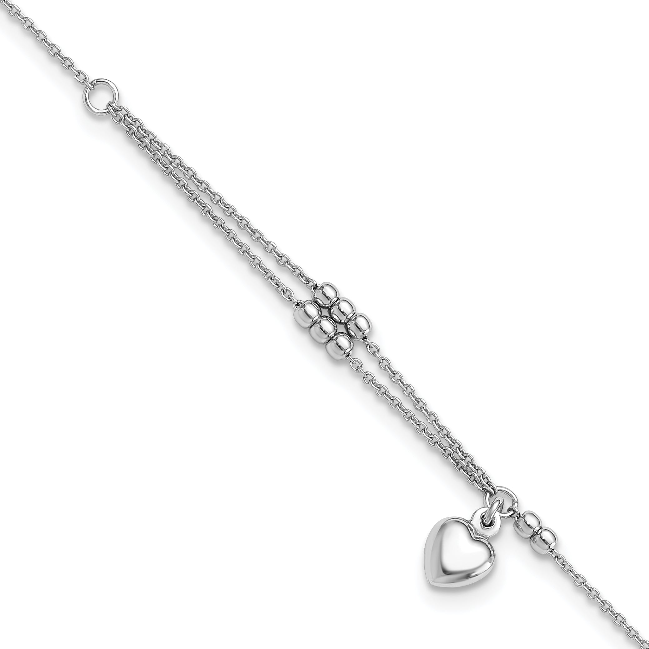 Sterling Silver Rhodium-Rhodium-Plated Beads and Heart 9in Plus 1in ext Anklet