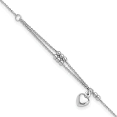 Sterling Silver Rhodium-Rhodium-Plated Beads and Heart 9in Plus 1in ext Anklet