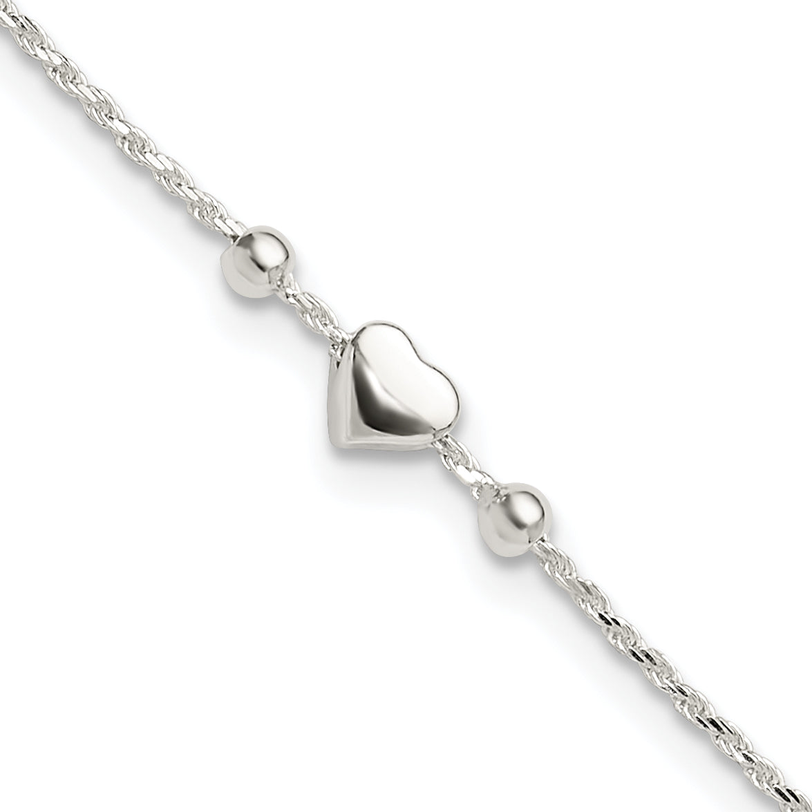Sterling Silver Polished Heart 9in Plus 1in ext. Anklet Main image