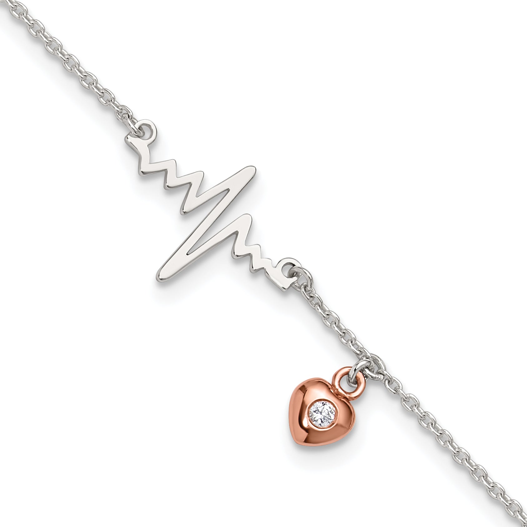 Sterling Silver Rose Tone CZ Heart and Heartbeat 9in Plus 1in ext. Anklet