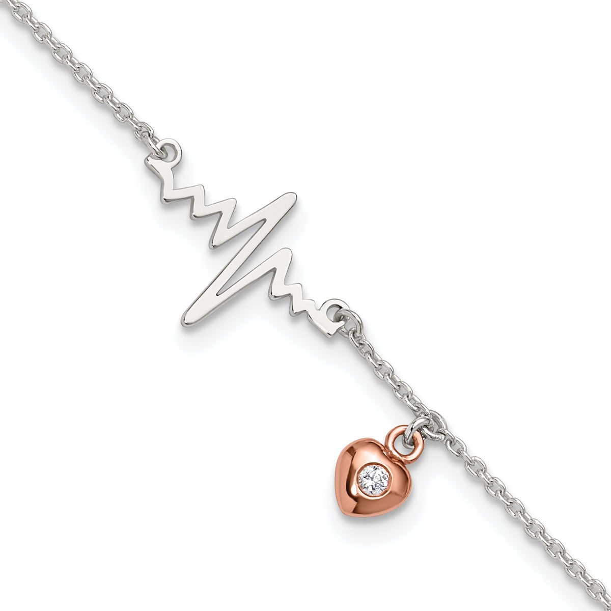 Sterling Silver Rose Tone CZ Heart and Heartbeat 9in Plus 1in ext. Anklet