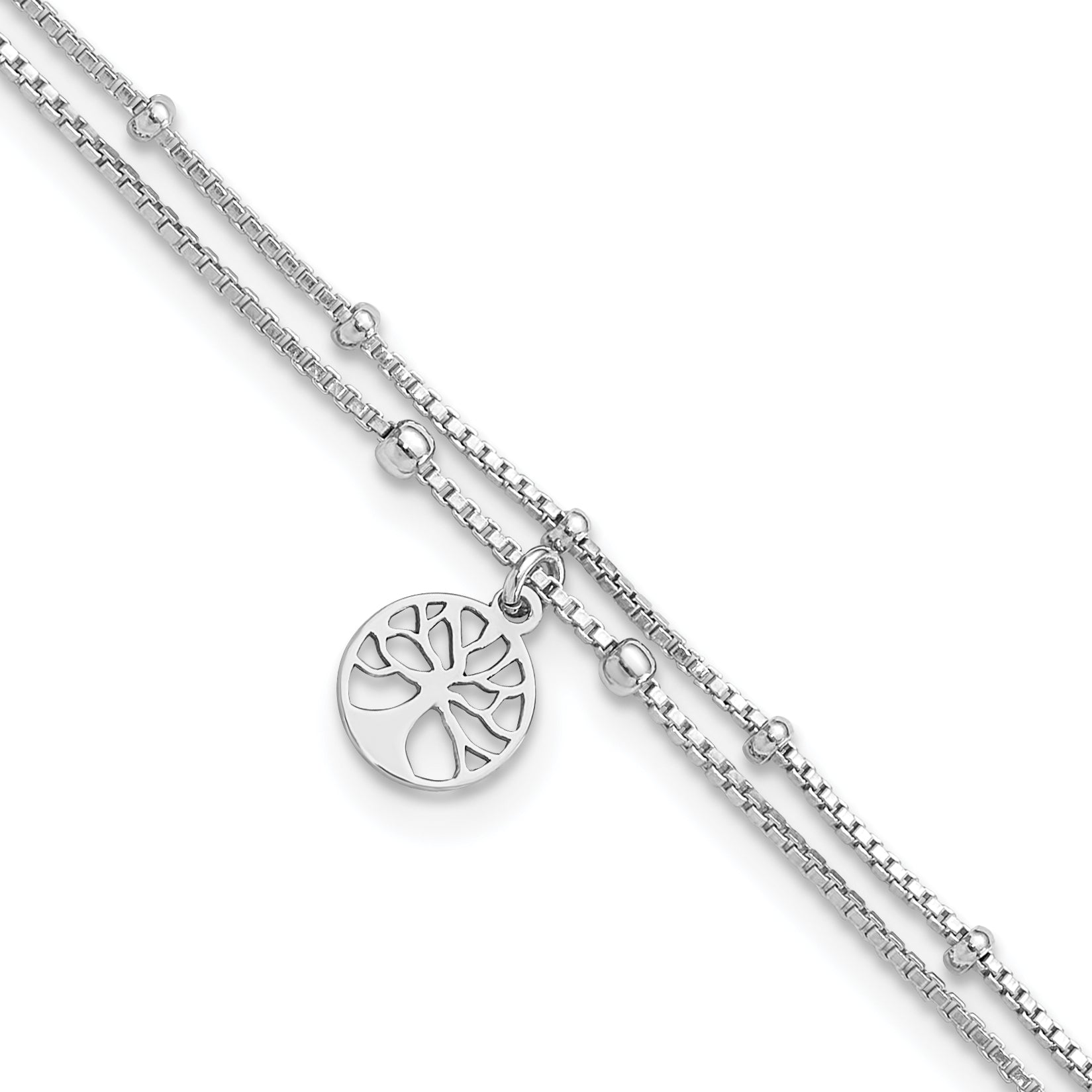 Sterling Silver Rhodium-Rhodium-Plated Tree of Life 9in Plus 1in Ext Anklet