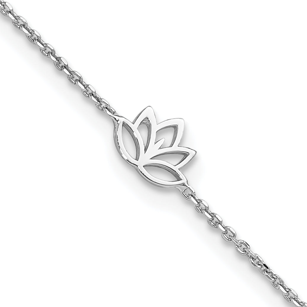 Sterling Silver Rhodium-Rhodium-Plated Louts Flower 9in Plus 1in ext. Anklet