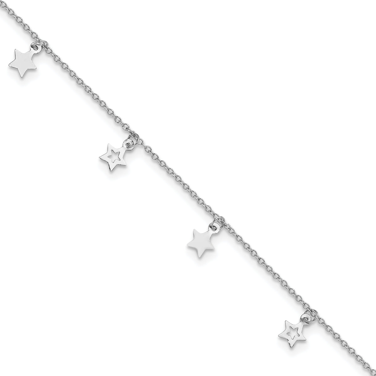 Sterling Silver Rhodium-Rhodium-Plated Polished Star 9.5in Plus 1in ext. Anklet