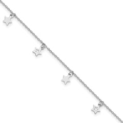 Sterling Silver Rhodium-Rhodium-Plated Polished Star 9.5in Plus 1in ext. Anklet