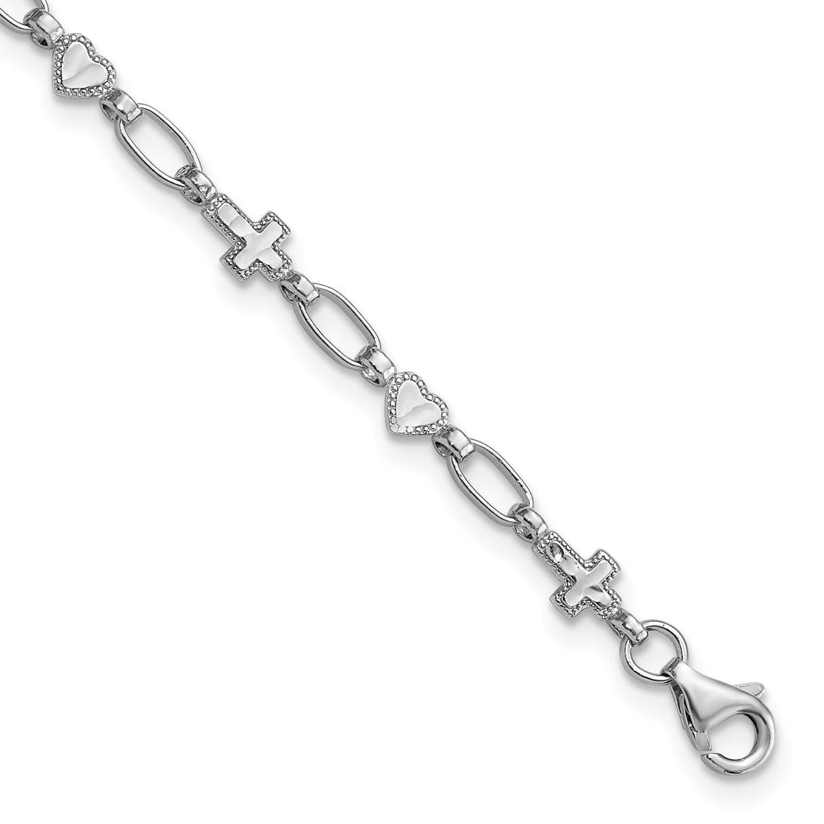 Sterling Silver Rhodium-Rhodium-Plated 7.5 inch Heart and Cross Bracelet