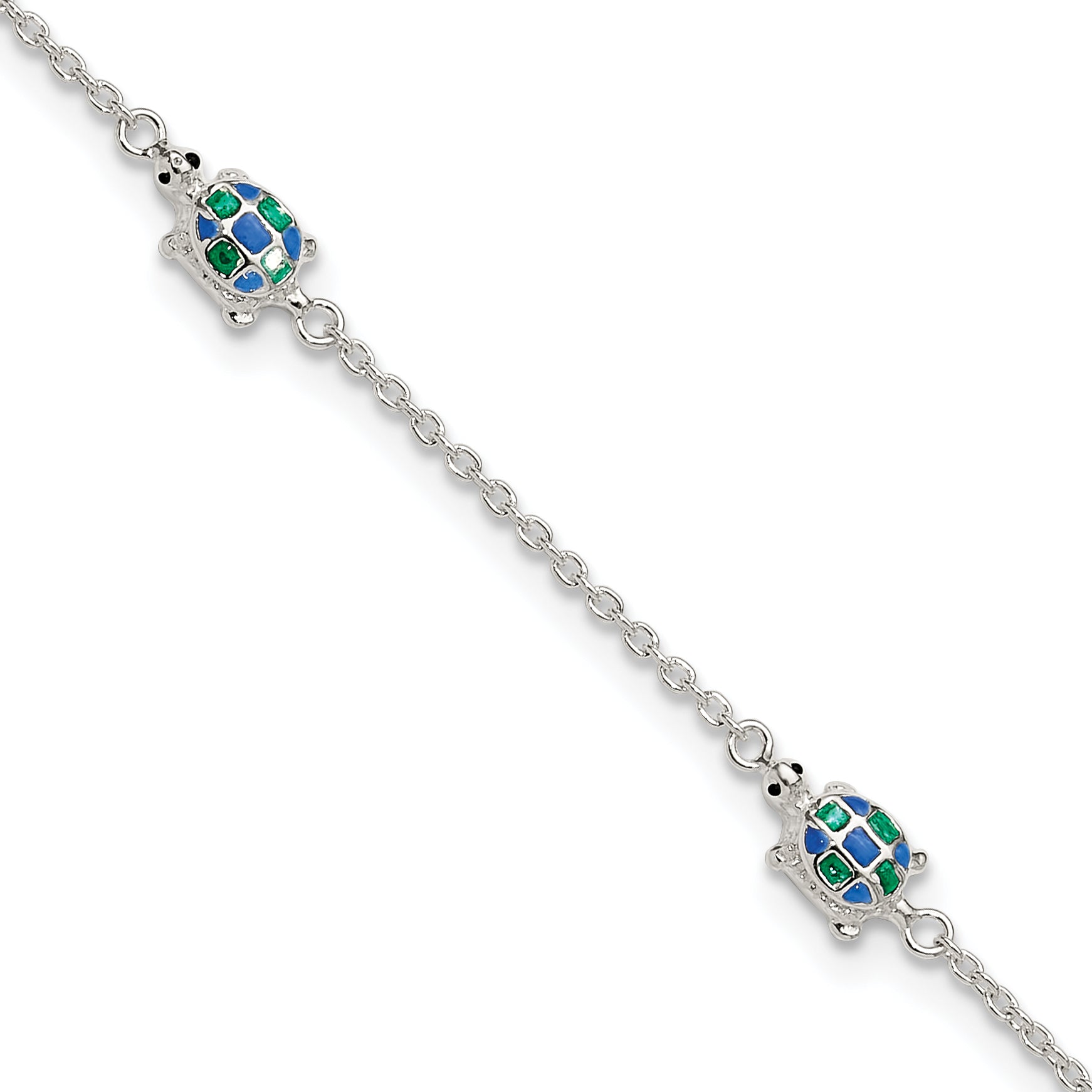 Sterling Silver Polished Enamel Turtle 10in Plus 1in ext Anklet Main image