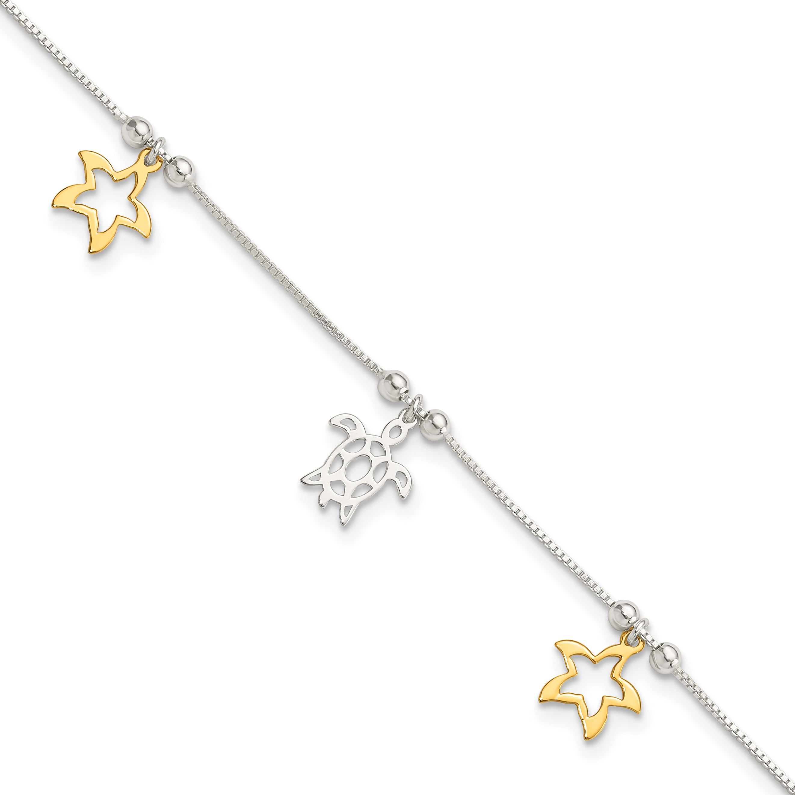 Sterling Silver Gold Tone Turtle and Starfish 9in Plus 1in ext Anklet Main image