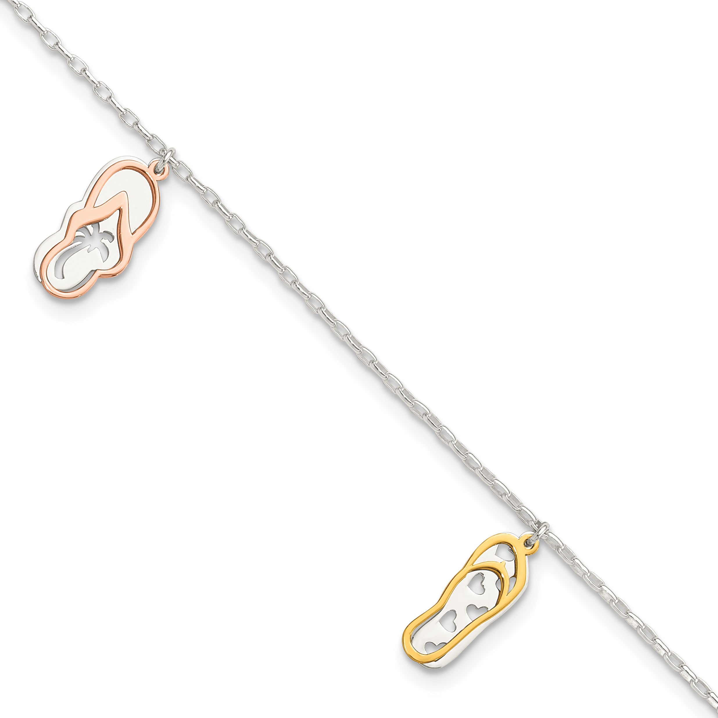 Sterling Silver with Rose and Gold-Tone Flip Flops 9in Plus 1in ext Anklet Main image