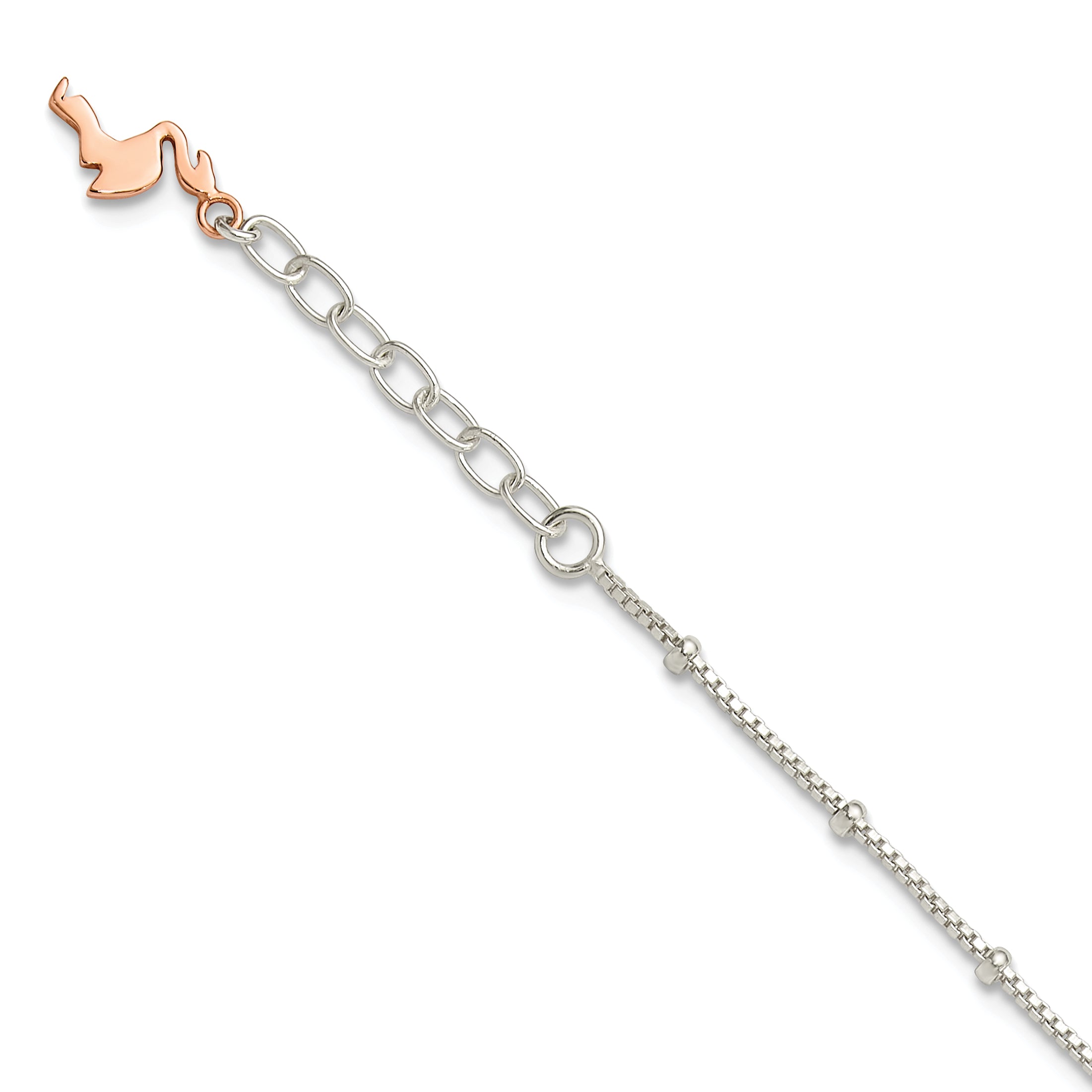 Sterling Silver Beaded Rose Tone Flamingo 9in Plus 1 inch Ext Anklet Main image