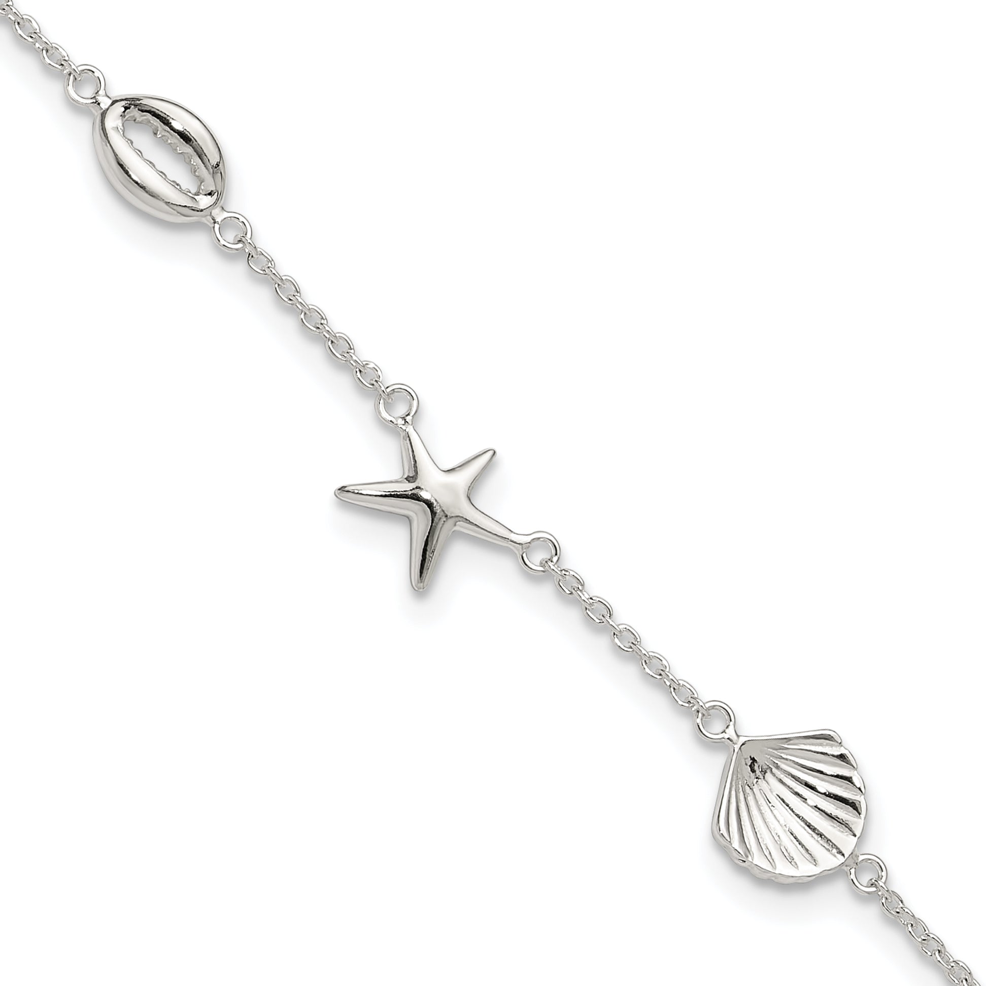 Sterling Silver Polished Sea life 8.5in Plus 2in ext. Anklet Main image