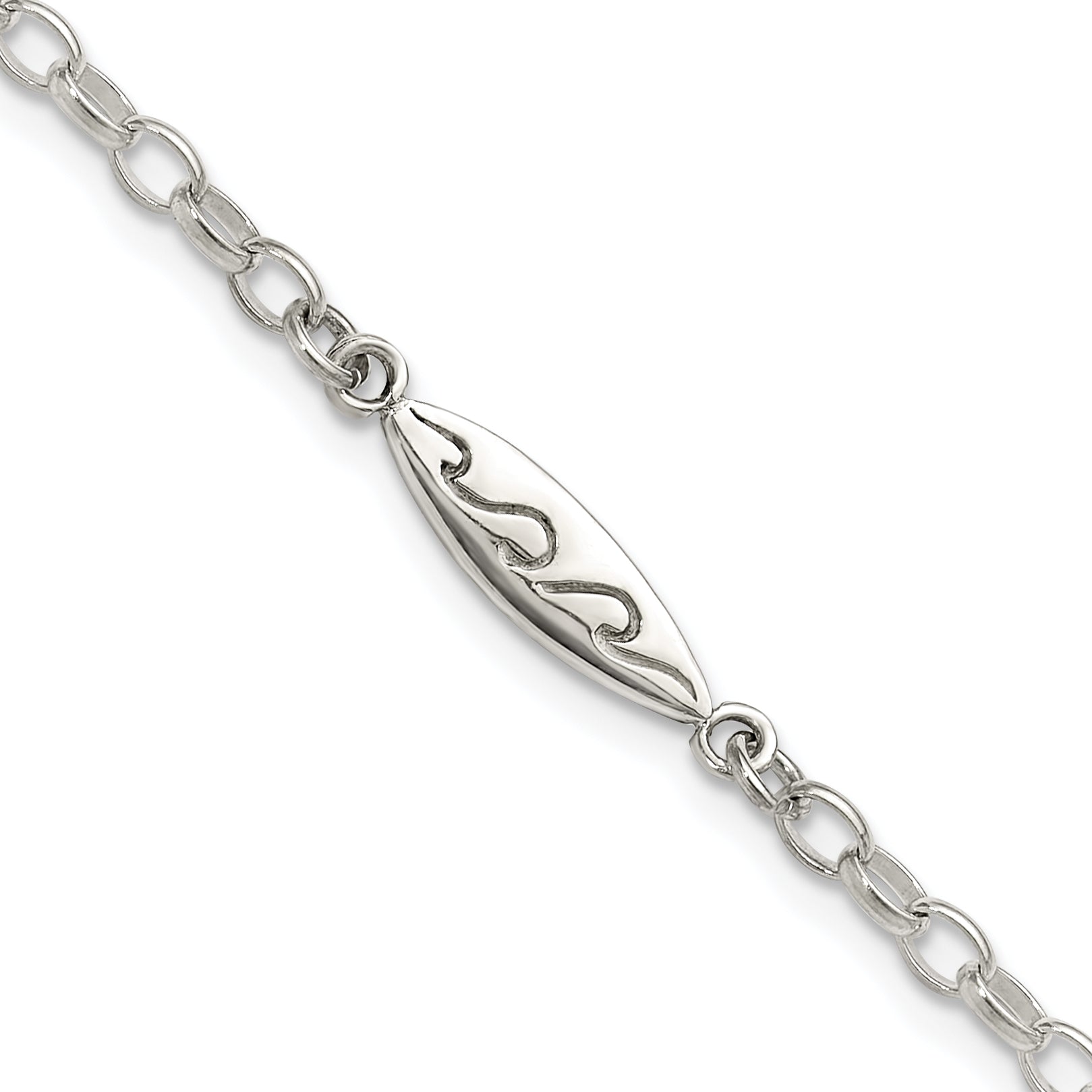 Sterling Silver Antiqued Polished Etched Waves Surfboard Link Anklet Main image