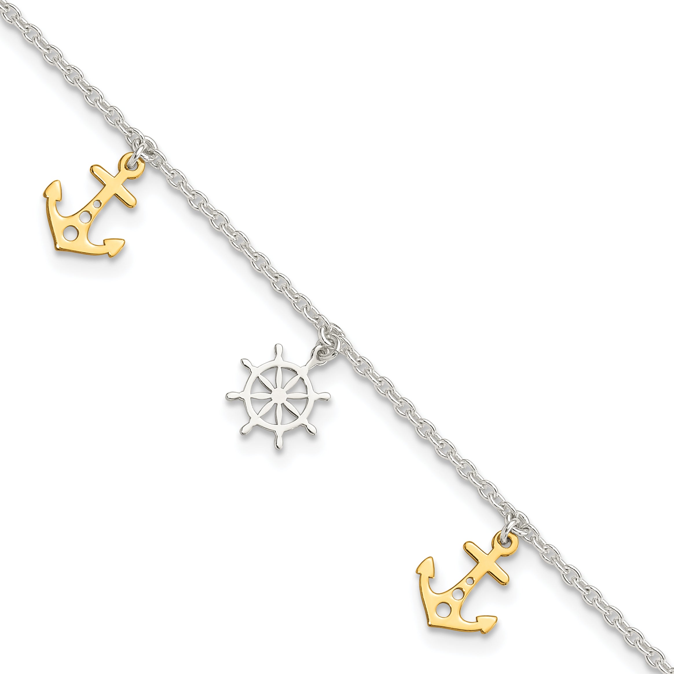 Sterling Silver Gold Tone Anchor/Ship's Wheel 9in Plus 1in ext Anklet Main image