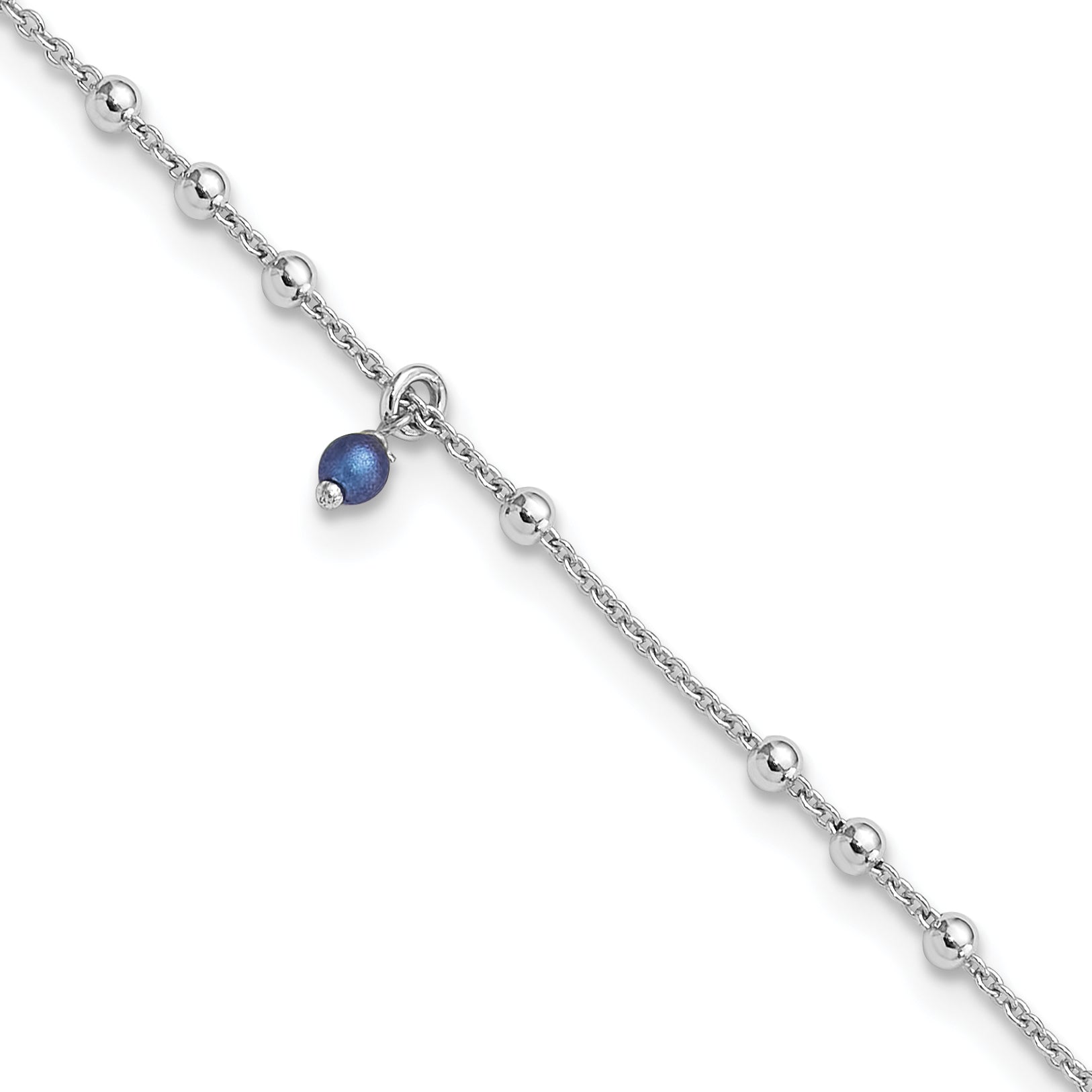 Sterling Silver Rhodium-Rhodium-Plated Blue Crystal Bead 9in Plus 1in Ext Anklet