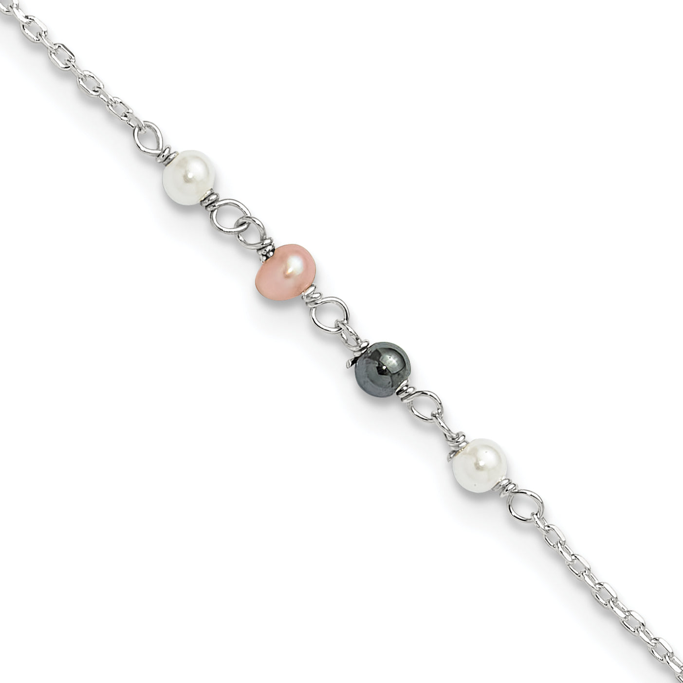 Sterling Silver Polished Syn. Pink, Black, White Pearl 9in Plus 1in ext Main image