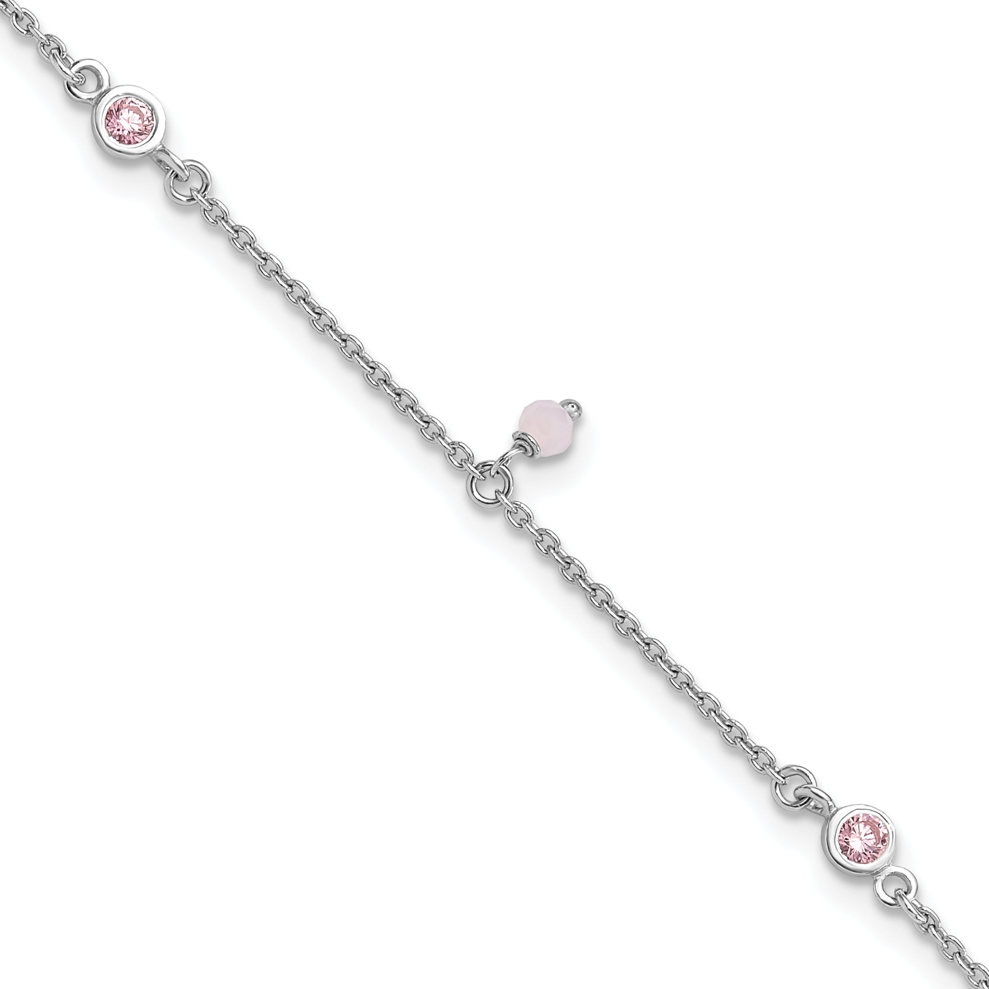 Sterling Silver Rhodium-Platedod-plated Pink CZ/Glass Beads 9in Plus 1in ext Anklet