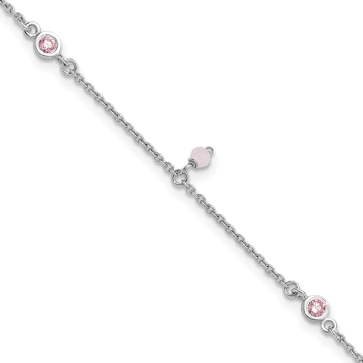 Sterling Silver Rhodium-Platedod-plated Pink CZ/Glass Beads 9in Plus 1in ext Anklet